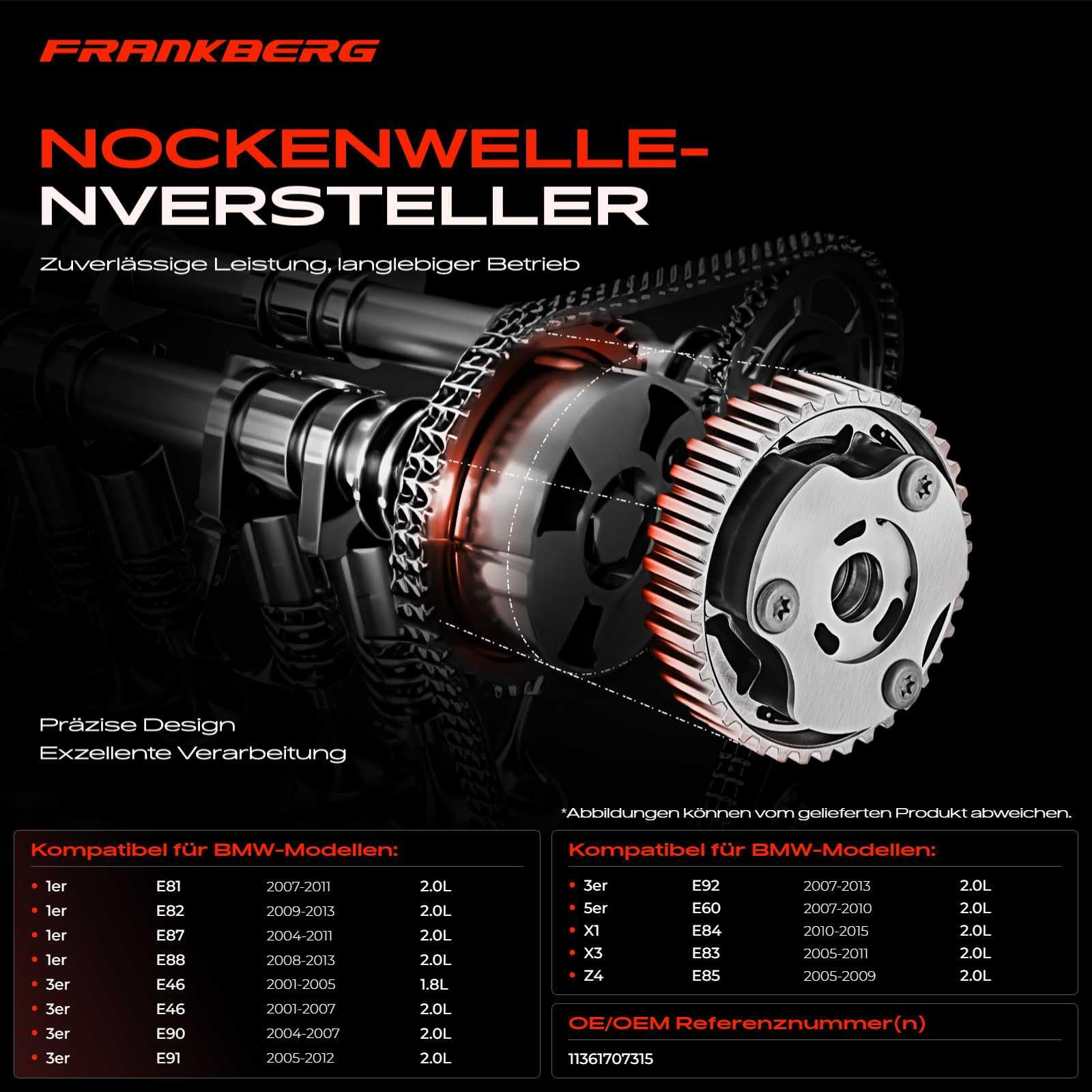 Frankberg Nockenwellenversteller Auslassseite1.8L 2.0L Kompatibel mit 1er E81 120i 1er E87 118i 120i 3er E46 316i 3er E90 318i 320i 3er Coupe E92 320i Z4 Roadster E85 2.0i Replace# 11361707315