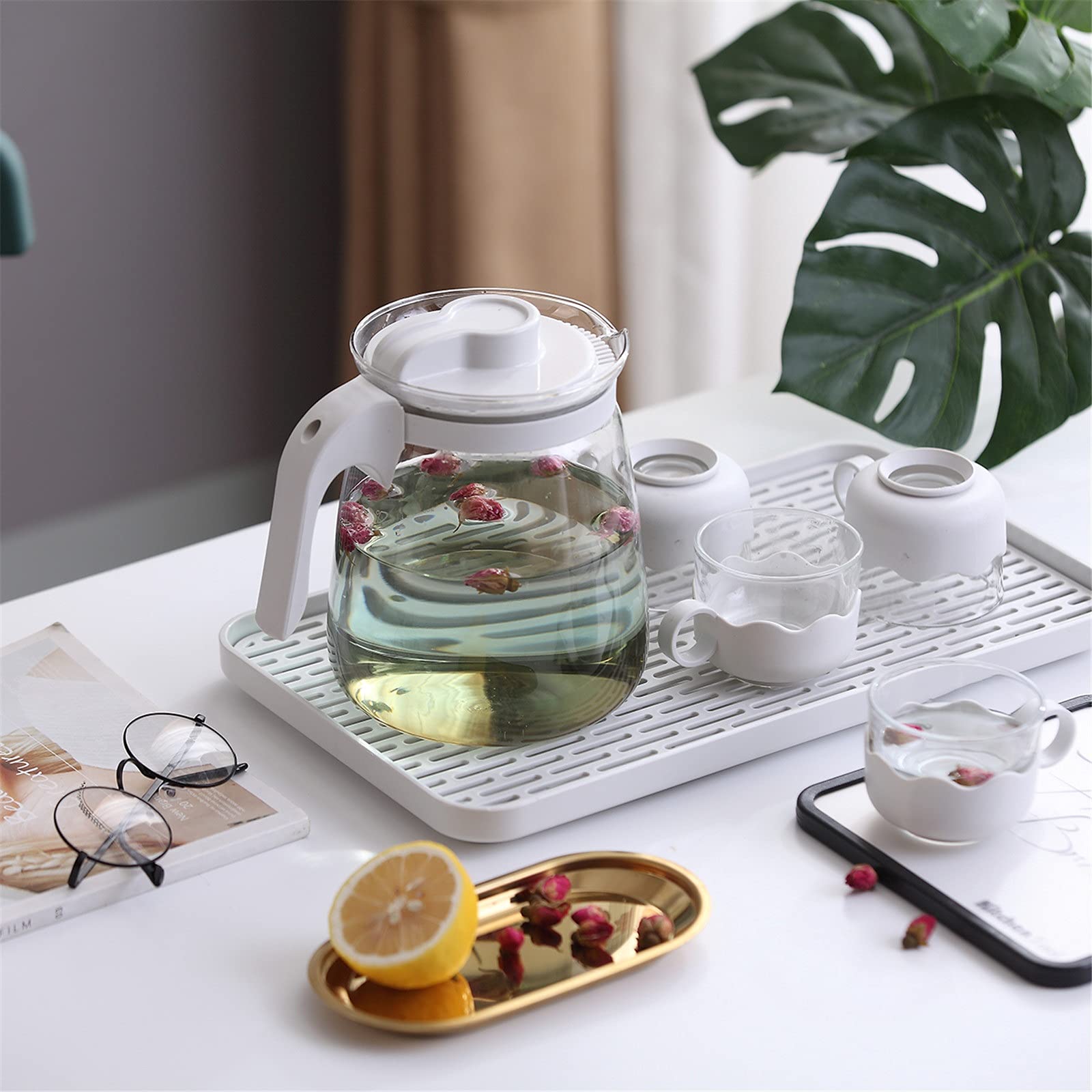 Jarra de Agua Transparente para Nevera, Jarra de Agua de Vidrio, Jarra de Gran Capacidad, Tetera con Tapa para Limonada y té Helado.(Blanco 2 litros)