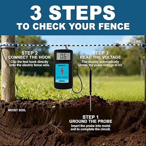 Miniatura 5 de allsun Probador de voltaje de valla eléctrica digital y buscador de granjas de fallas, voltímetro de valla/probador de puesta a tierra Pantalla LCD