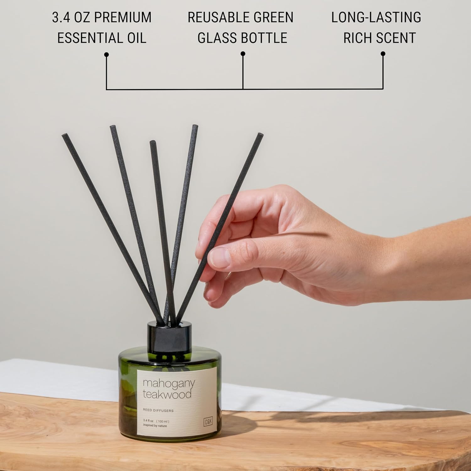 Craft & Kin Reed Diffuser Set Oakwood, Mahogany & Vetiver, Reed Diffusers for Home, Fragrance Diffuser Sticks, Oil Diffuser Sticks, Oil Diffuser with Sticks, Reed Diffuser for Men - Image 4