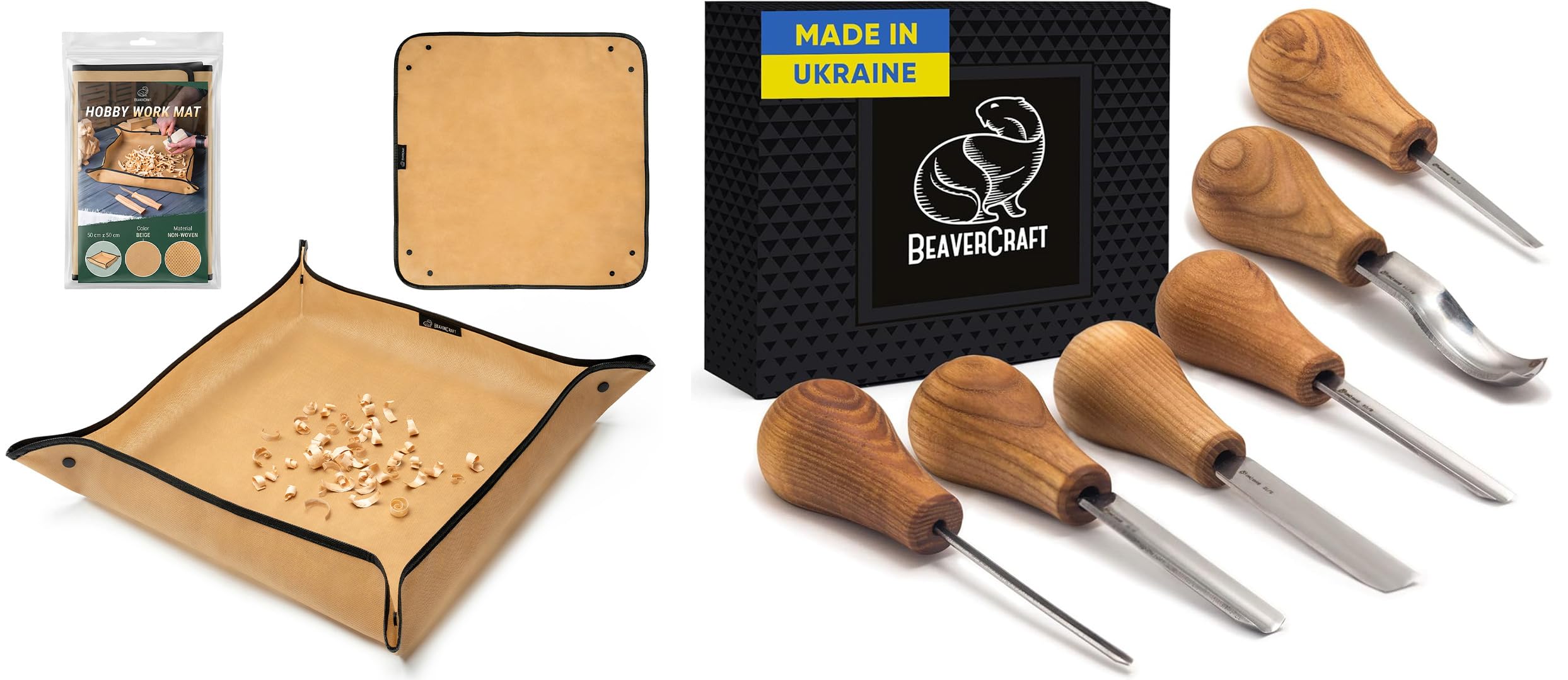 BeaverCraft Palm-Meißel Set SC05 mit Arbeitsmatte MS – 5-teiliges Holzschnitzset mit kompakten Hohleisen & Geißfuß in Werkzeugrolle & Faltbare Schnitzmatte für sauberes reifes Reliefschnitzen