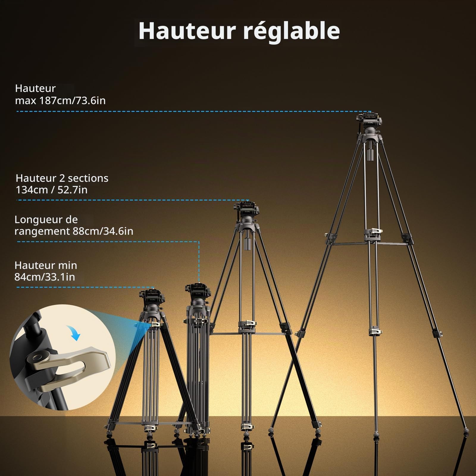 SMALLRIG Trépied Vidéo AD-01S, Robuste de 74 in avec Tête Fluide Panoramique et Inclinable, Plaque de dégagement Rapide à 2 Mode, Charge à 13,2 LB / 6 kg pour DSLR, Caméscope, appareils Photo - 4686