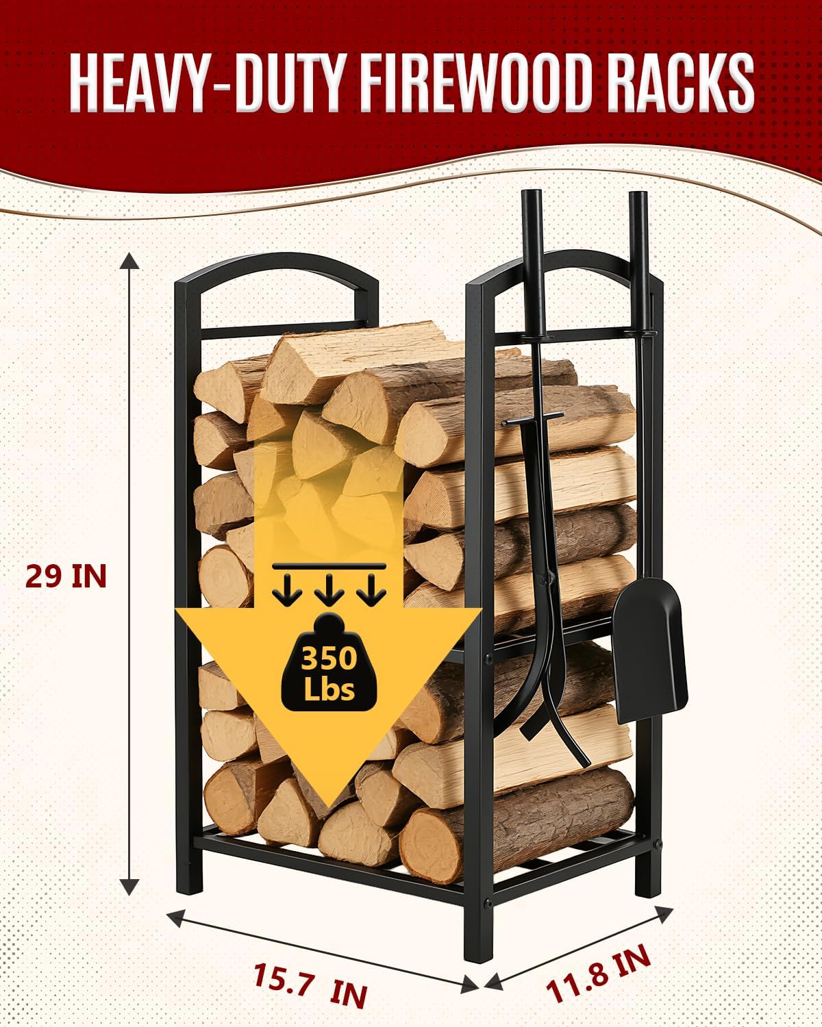 Breeze Touch 29in Indoor Firewood Rack with Tools, 5-Piece Black Metal Fireplace Tools Set, Rustproof Wood Holder, Heavy Duty Firewood Storage Rack for Fireplace Fire Pit