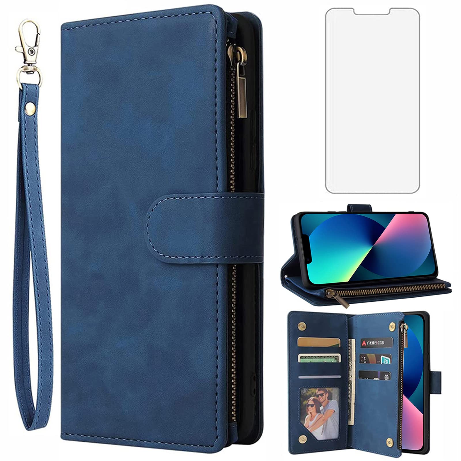 Asuwish Compatible with iPhone 13 Mini 5.4 inch Wallet Case Tempered Glass Screen Protector and Flip Cover Card Holder Cell Phone Cases for