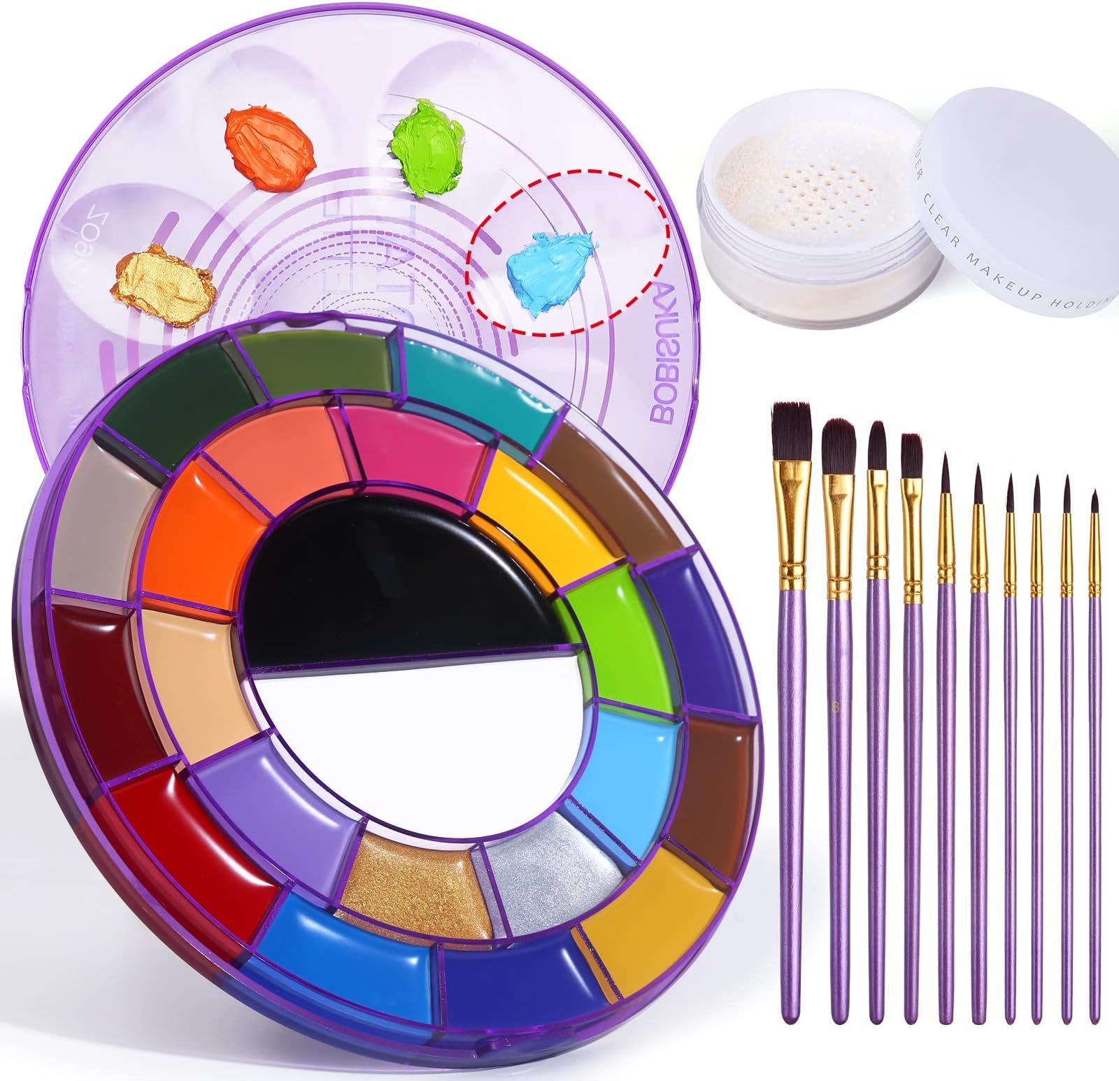 BOBISUKA Face Painting Kit - 24 Colors Big Pan White Black Neon Face Body Paint Palette Oil Based + Setting Powder + 10PCS Artist Purple Brushes Set for Halloween Cosplay Party SFX Makeup