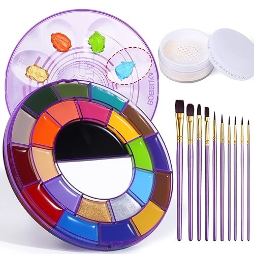 BOBISUKA Face Painting Kit - 24 Colors Big Pan White Black Neon Face Body Paint Palette Oil Based + Setting Powder + 10PCS Artist Purple Brushes Set