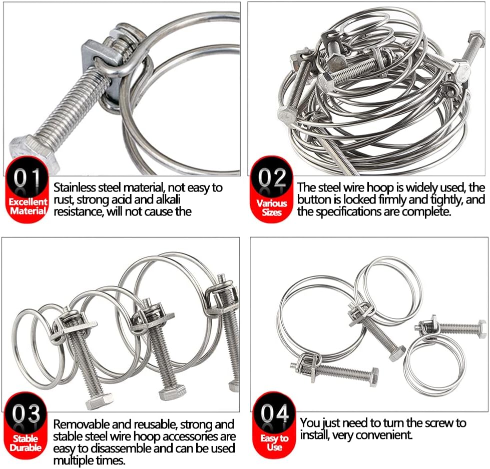 Adjustable Pipe Hose Clamp,60-65mm Double Wire Hose Clamps, 201 Stainless Steel Hose Clips, Universal Plumbing Pipe Tube Fastener Adjustable Hose Hoop(5055mm)
