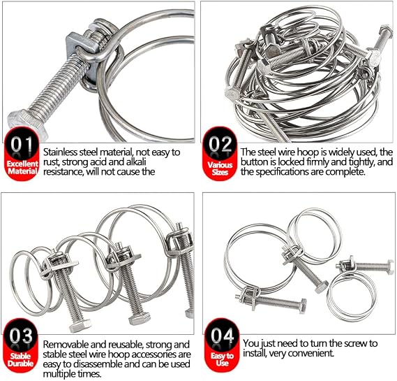 5PCS Double Wire Hose Clips Adjustable 201 Stainless Steel Hose Clamps Double Wire Pond Hose Clips Fastener for Pipeline,25-29mm/0.98-1.14inch