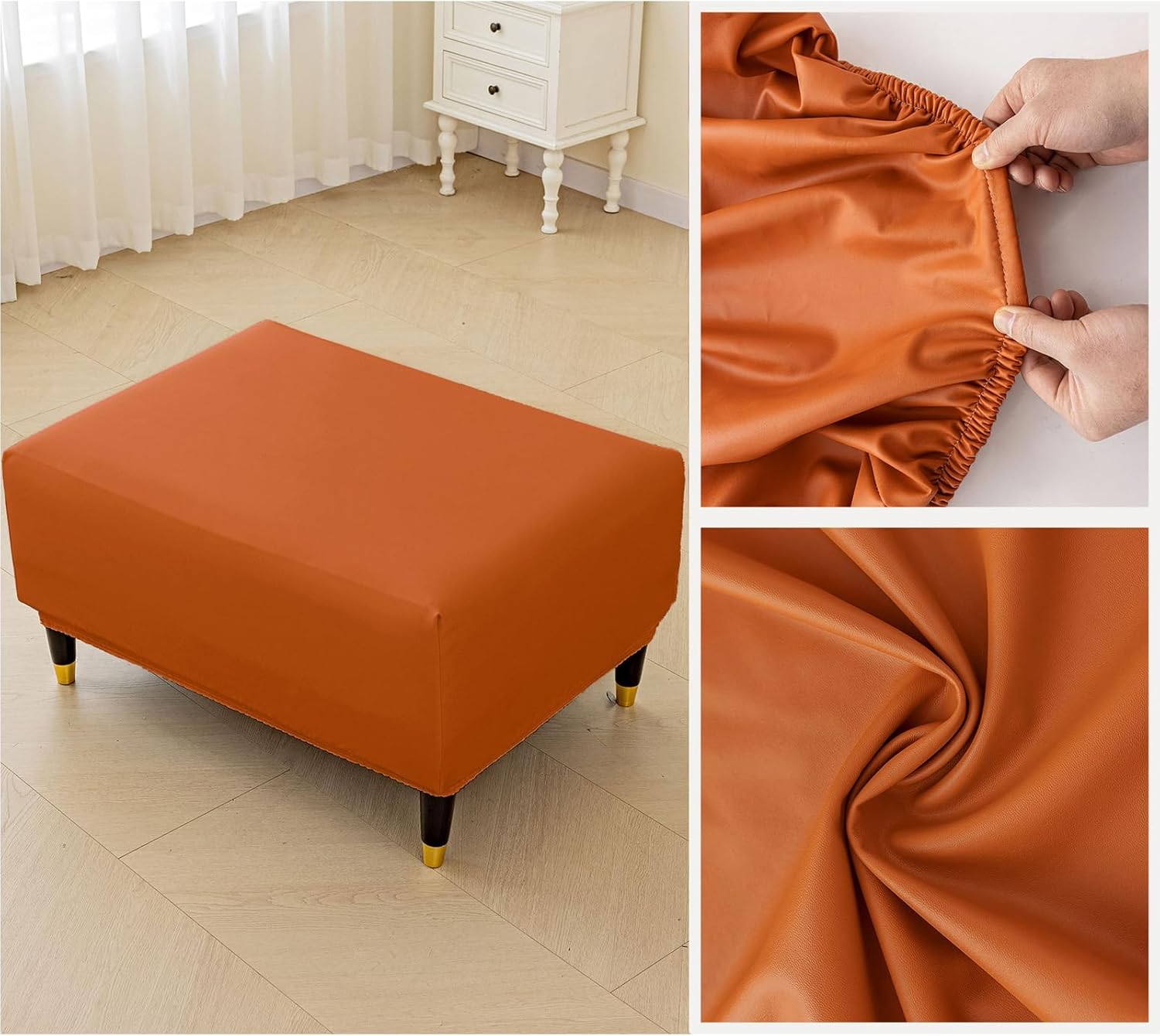 Square Ottoman Cover Pu Leather Waterproof Ottoman Slipcover Storage Ottoman Cover Footrest