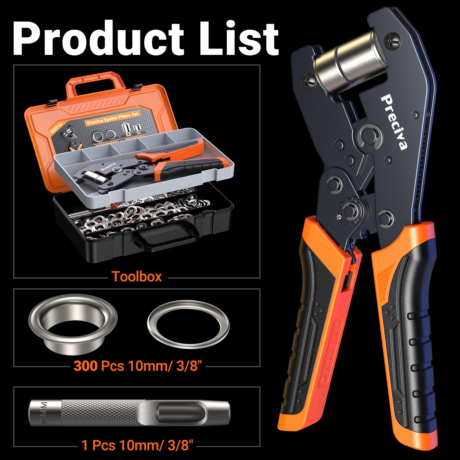 Preciva Professional Ösenzangen Set mit 300 Ösen, Ösen (10 mm Durchmesser) I Magnetische Öse I Ösen für Stoffe, Planen und Markisen