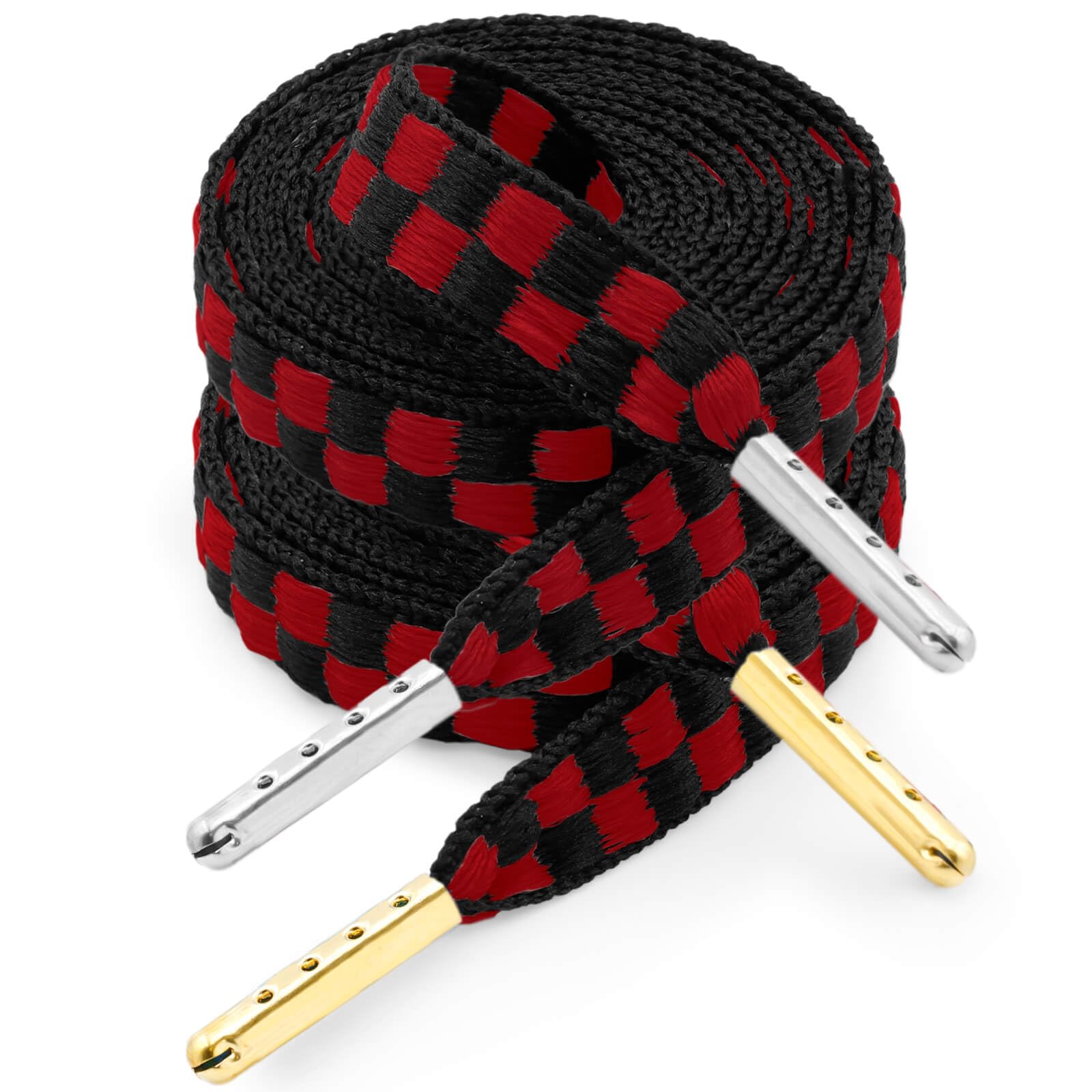 YJRVFINE Flat Checker Shoe Laces: 2 Pairs Checkered Shoelaces with Metal Tip for Sneakers