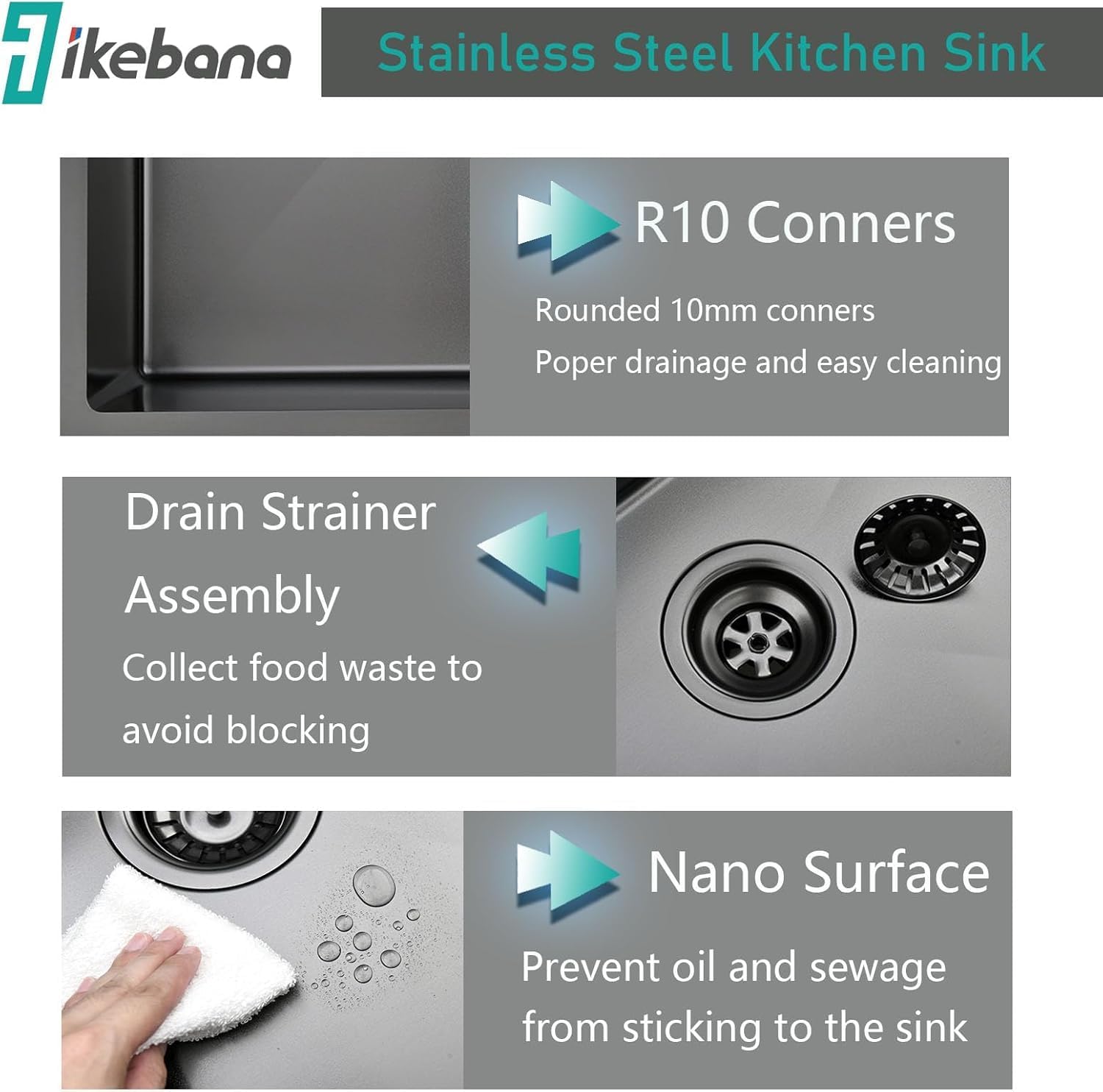 IKEBANA 25 Inch Black Drop In Kitchen Sink, 25 x 22 Inch 16 Gauge Single Bowl Stainless Steel Handmade Topmount Black Sink RV Bar Laundry Sinks