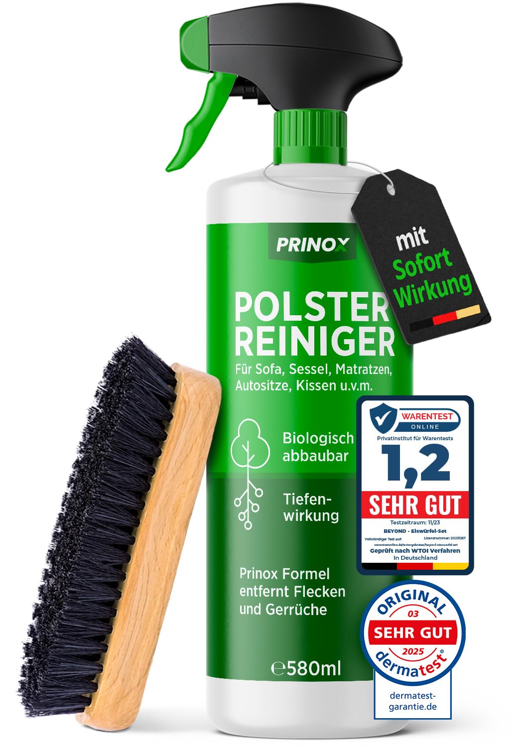 PRINOX Profi Polsterreiniger 500ml für Sofa, Auto, Sessel & Couch inkl. Bürste - Textilreiniger Konzentrat & Autositz Reiniger für alle Polstermöbel - Fleckenentferner Sofa aus Deutschland