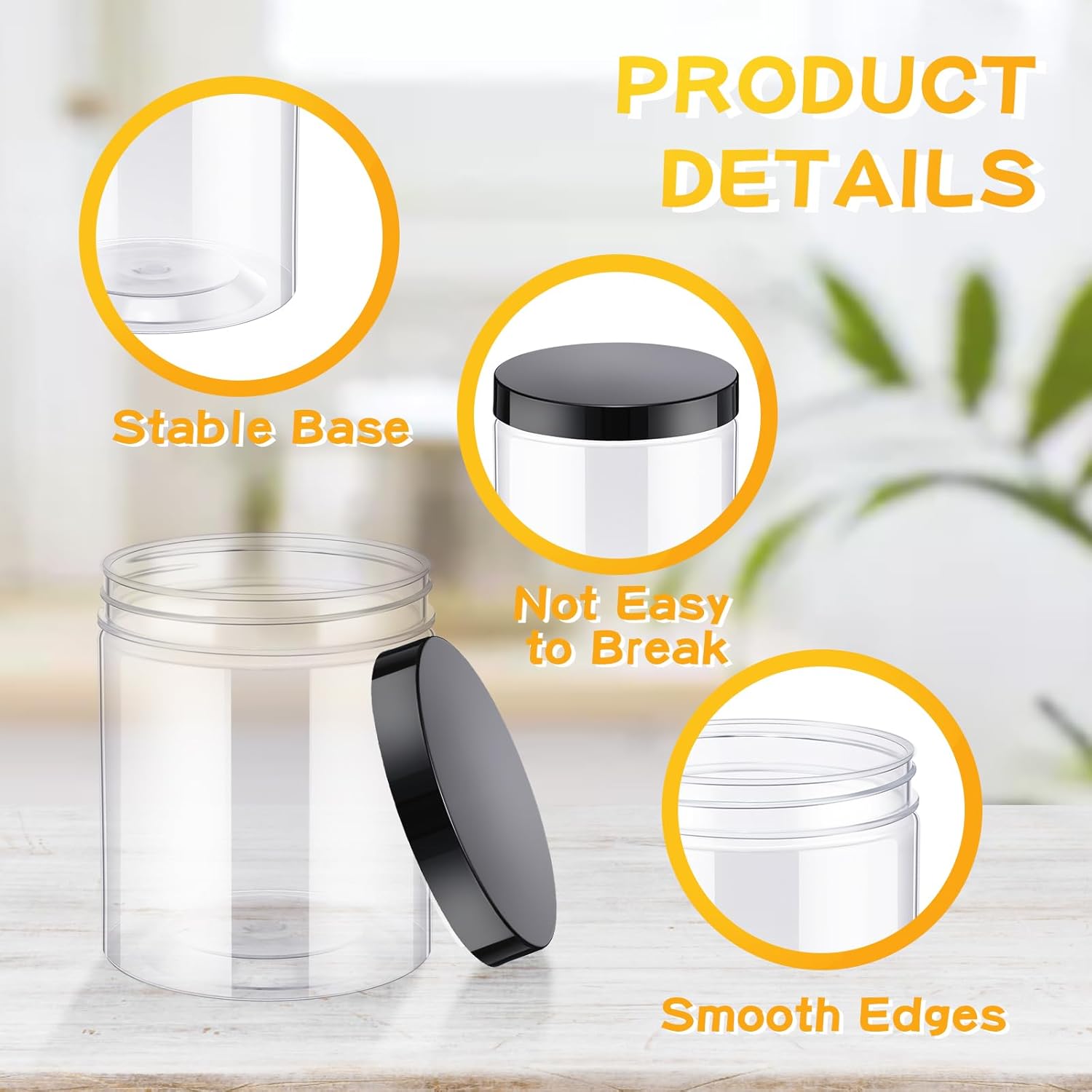 Irenare 24 Pcs 16 oz Plastic Jars with Lids Clear Plastic Containers Wide Mouth Food Mason Jars Airtight Storage Containers for Cake, Dried Fruit, Honey, Nuts, Carft, Scrub Cream(Black Lids)