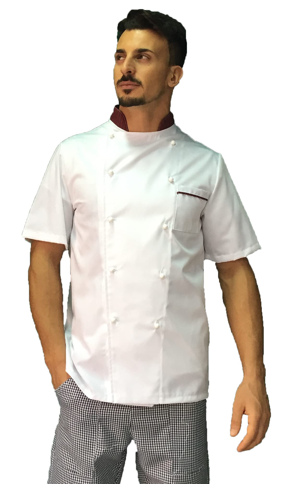 Chaqueta de cocinero para hombre – blanca y burdeos – Manga corta – Casaca Chef – Camiseta personalizable para cocina y restaurante – Fabricado en Italia