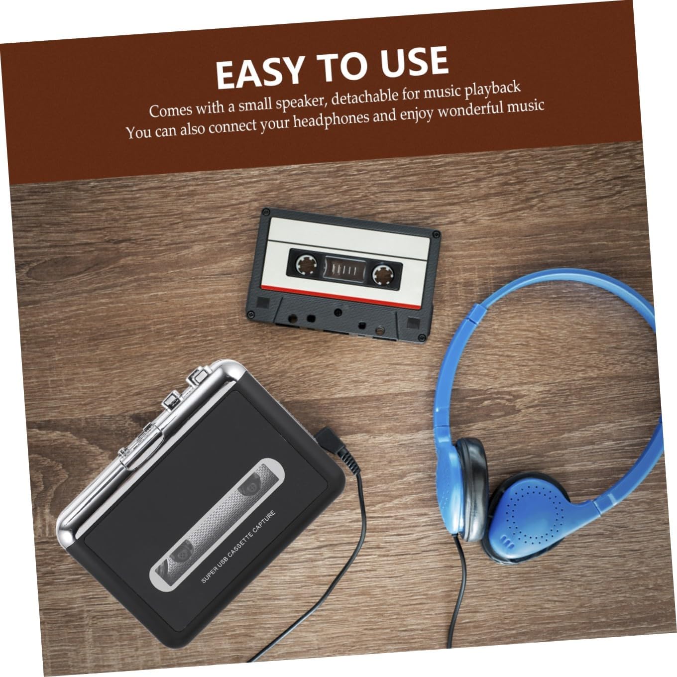 Uonlytech USB Cassette to Converter with Detachable Speaker Player for Digital Music Transfer Audio Capture Compatible Music Devices Black Compact Design