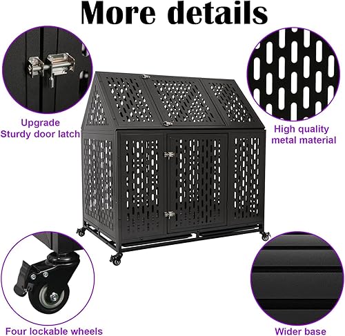 Miniatura 5 de Jaula indestructible para perros de 44 pulgadas, resistente y de alta ansiedad, a prueba de golpes, jaula de techo puntiaguda de metal para perros