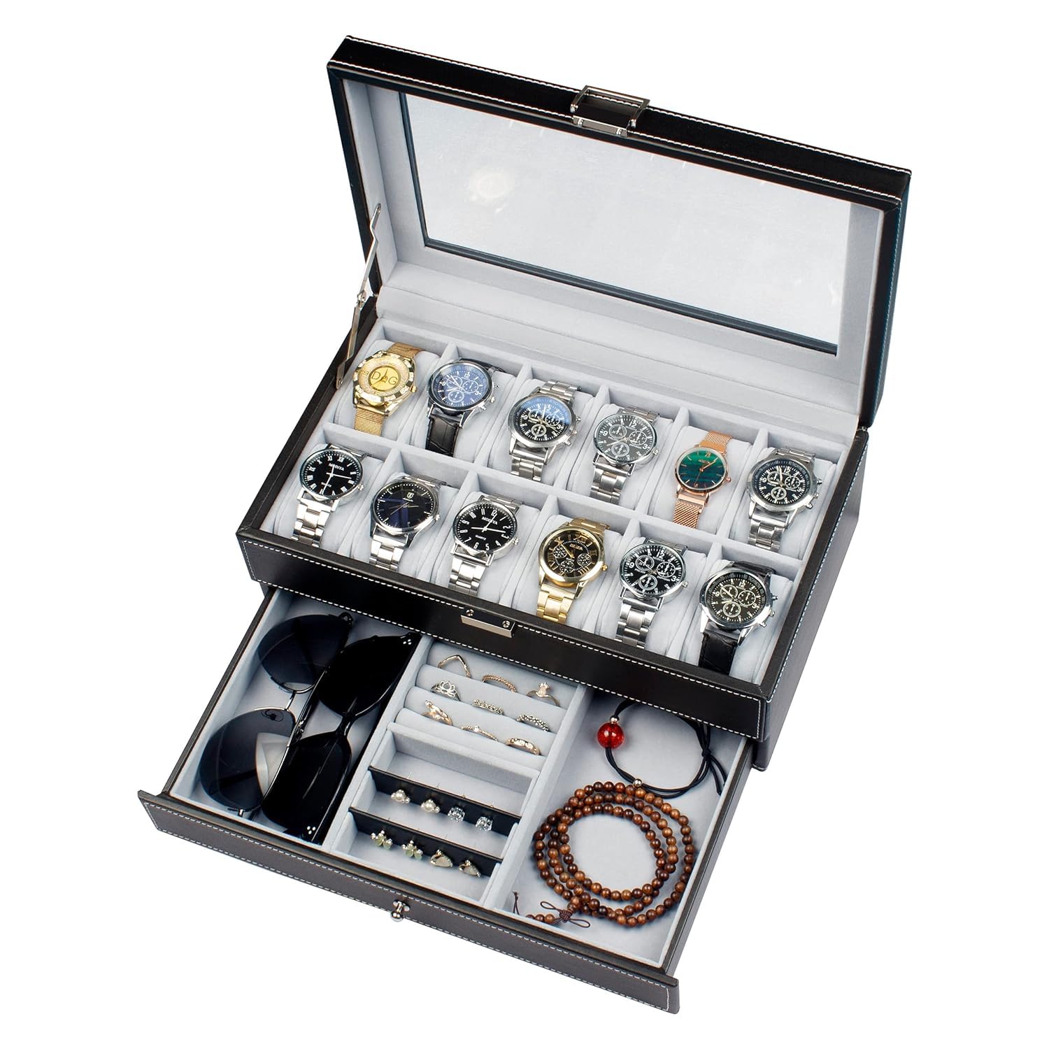 Keetoz Watch Box 12 Slot Watch Display Organizer Leather Jewelry Case Drawer Glass Top Lockable, Birthday for Men Women, Child Husband Dad (B0CLDMM94F) Amazon Price History, Amazon Price Tracker