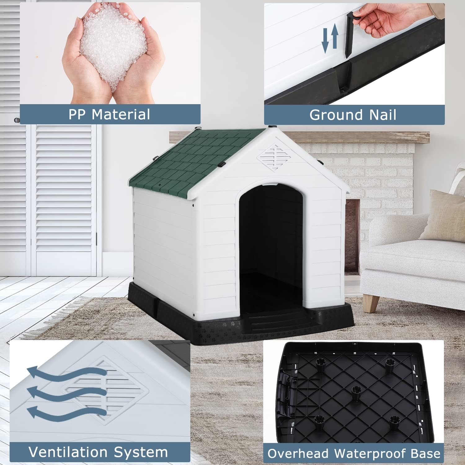 Outdoor Indoor Dog House, Weather & Water Resistant Large House for Small Medium Dogs, Durable Plastic with Air Vents and Elevated Floor, (27''L*25''W*28''H, Green)