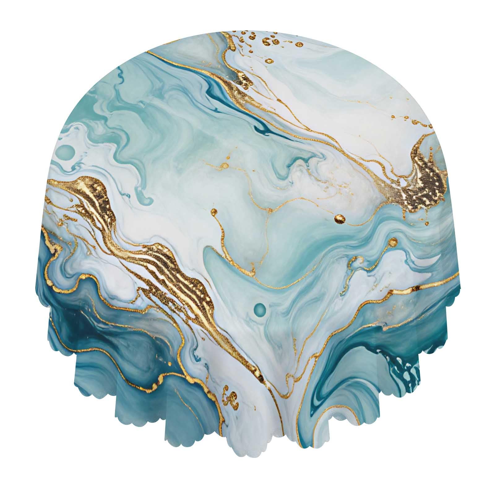 Fluid Marble Blue Round Tablecloth Waterproof Washable For Dining Party