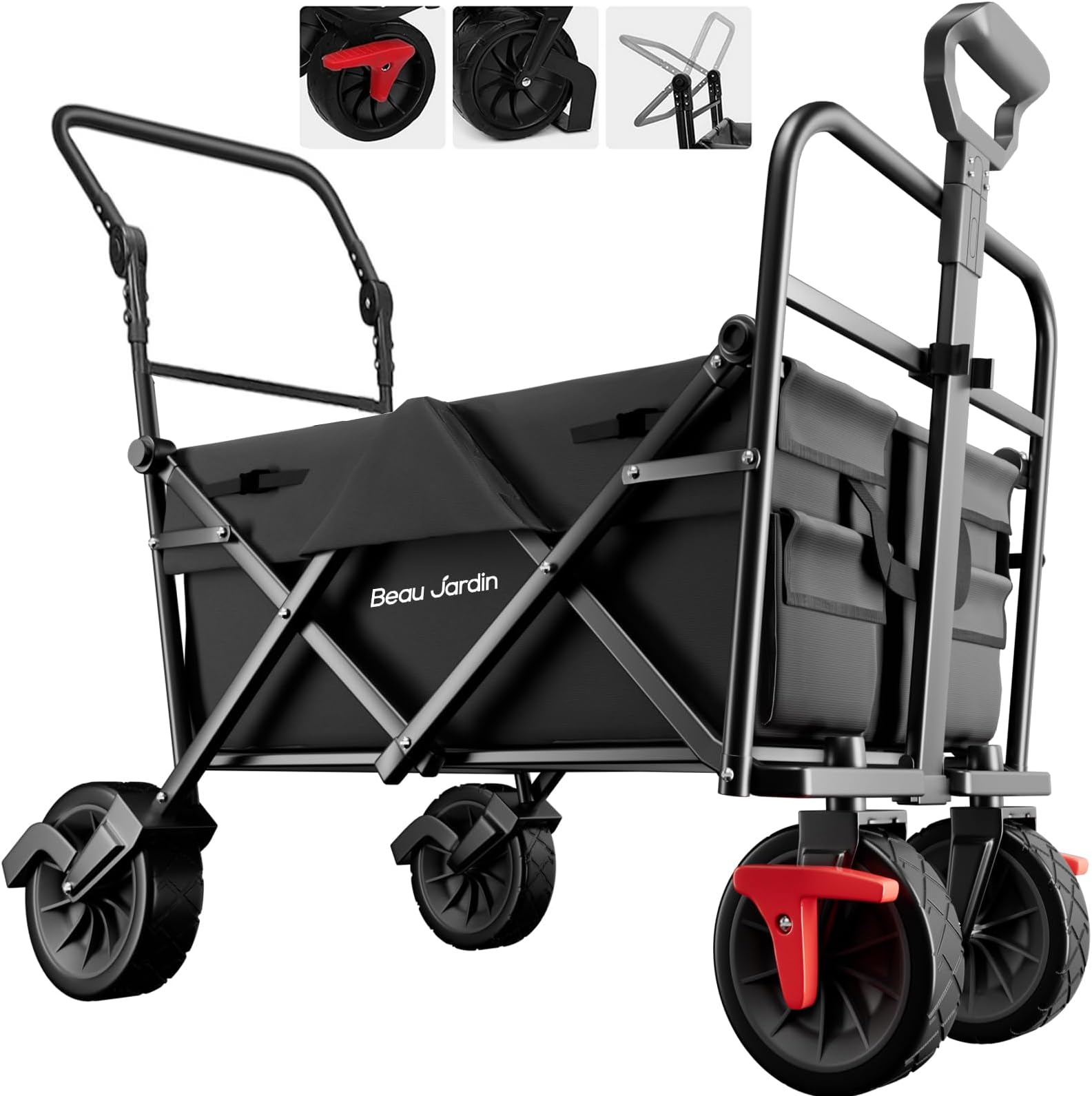 BEAU JARDIN 折りたたみ式プッシュプル折りたたみ式ビーチワゴン 350ポンド 高耐久 ユーティリティ キャンプ 食料品 ガーデン スポーツワゴン 全地形対応サンドホイールとブレーキ付き ブラック