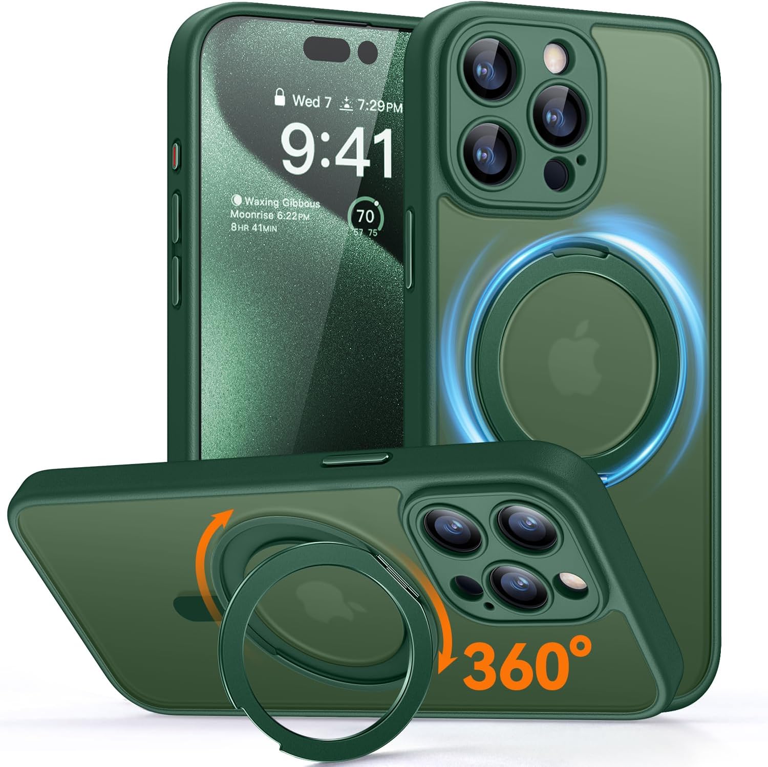CANSHN 360° Spin Magnetic Stand for iPhone 15 Pro Max Case [Full Camera Protection] [Compatible with Magsafe] [Translucent Matte] Shockproof Protective Kickstand Phone Cover 6.7" - Deep Green