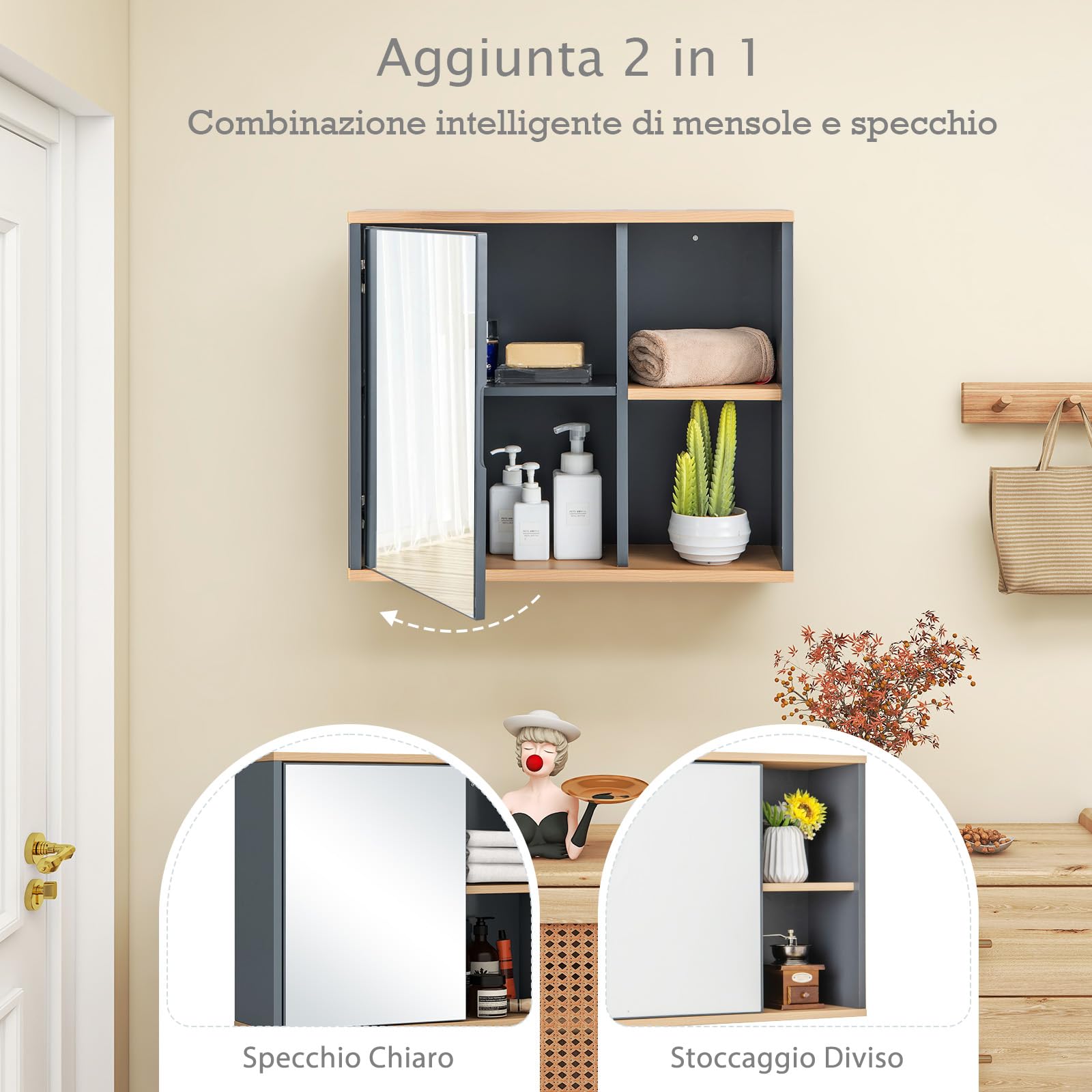 RELAX4LIFE Mobile Bagno con Specchio, Specchiera Salvaspazio con Vano Contenitore, 3 Ripiani Regolabili e 2 Scomparti Aperti, Armadietto Bagno da Parete, 60 x 20 x 50 cm
