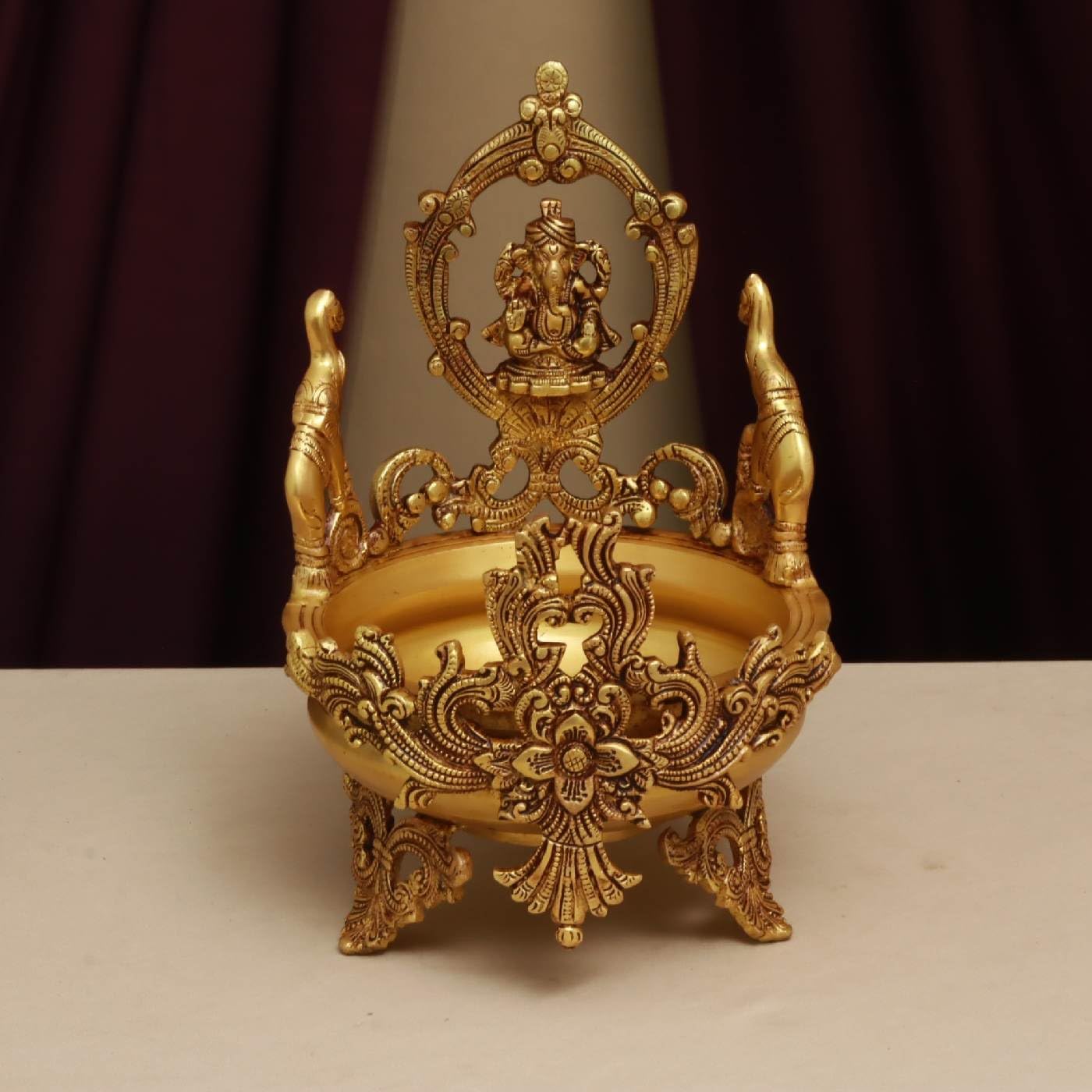 Pure Brass Ganesha Urli Decorative Bowl, 11 Inch Ganesh Idol Centrepiece, 4 kg Ornate Statue with Sculpted Bird Motifs and Pedestal for Pooja Room, Entrance and Home Décor, 28 x 22 x 23 cm-image-48