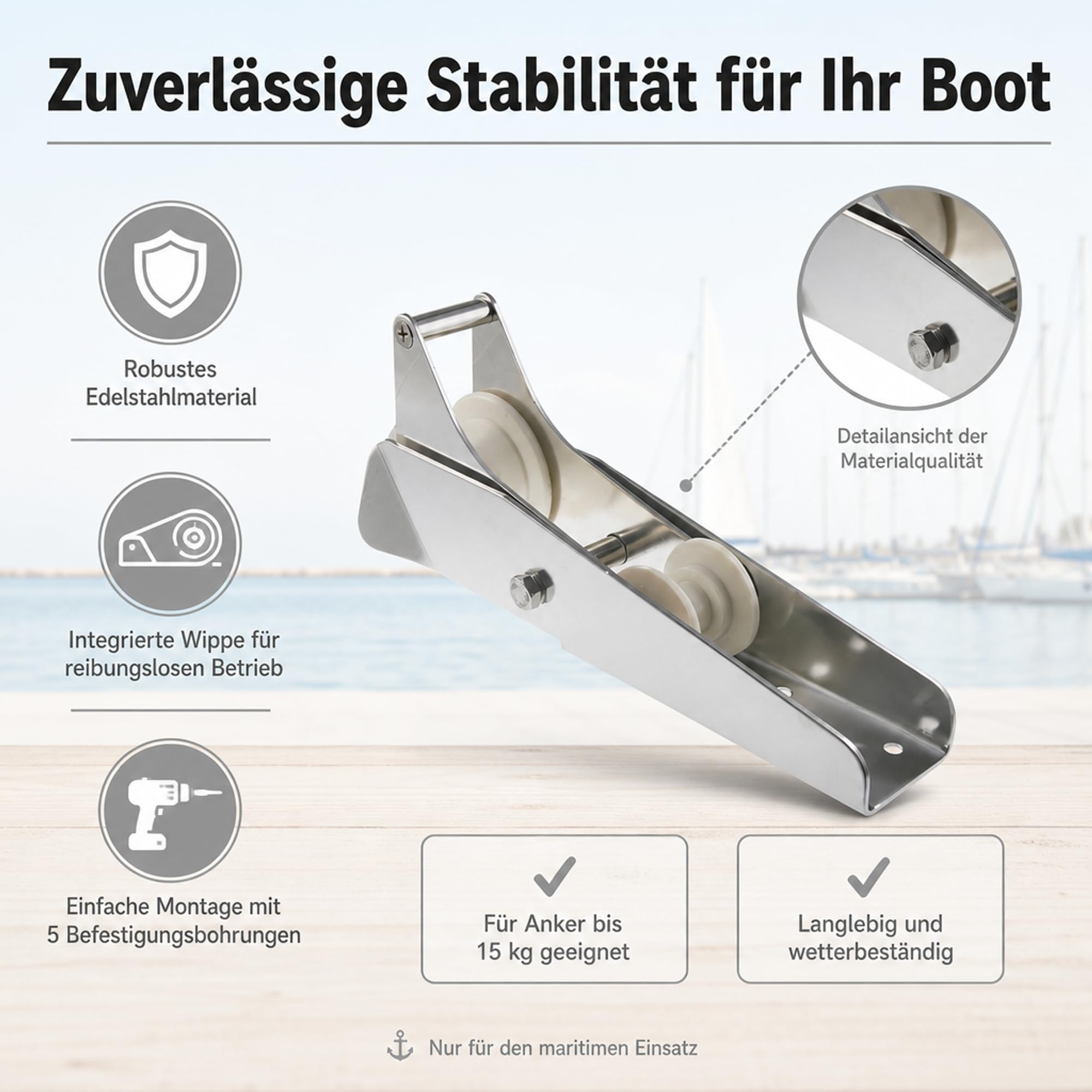 ARBO-INOX Bugrolle mit Wippe – Edelstahl-Ankerrolle – 33 cm für Boote