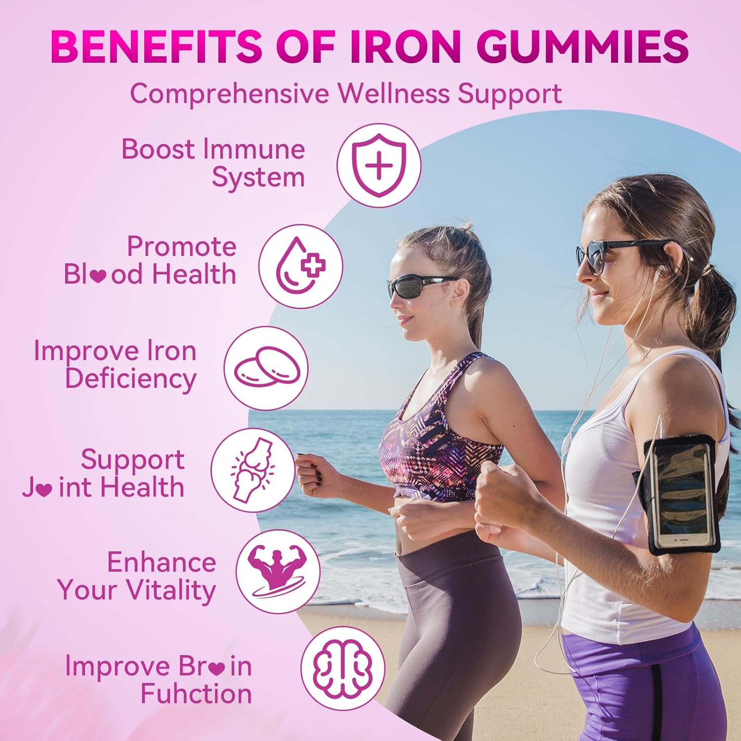Iron Supplement Gummies for Women & Men, Vegan Iron Gummies with Vitamin C, A, B-Complex, Folate, Zinc for Blood Building & Energy Support, Strawberry Flavor, 60 Count - Image 4