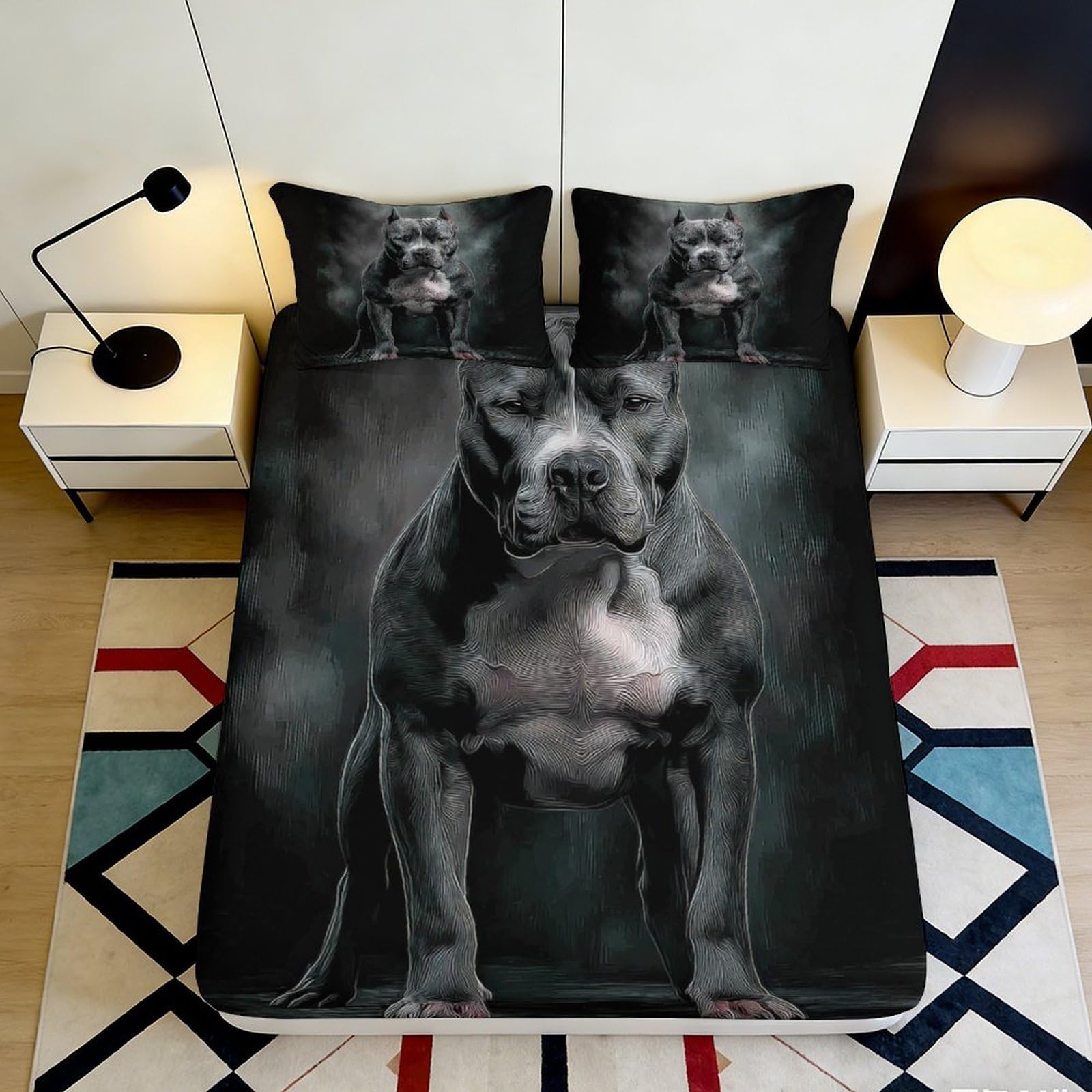 3D Printed Black Pitbull Fitted Sheet Microfiber Soft Dog Art Bed Cover for Bedroom Guest Room Easy Care 160x200x25cm