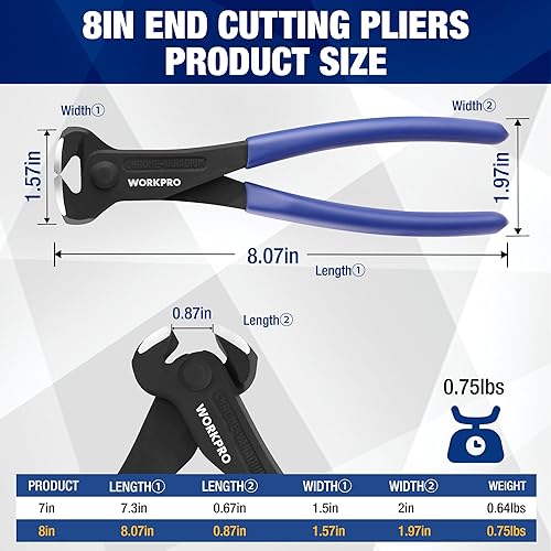 Miniatura 6 de WORKPRO Extractor de uñas de 8 pulgadas, alicates de corte de extremo, acero al cromo vanadio con acabado negro, pinza de corte de extremo de alto