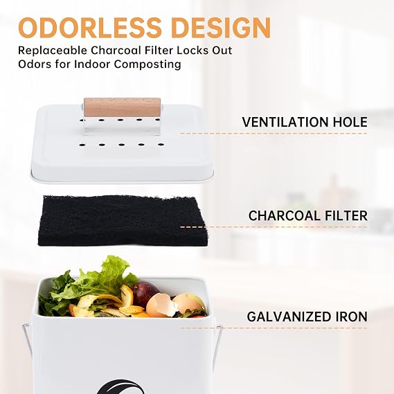 Kitchen Compost Bin, 1.7 Gallon Countertop Compost Bin with Lid and Charcoal Filter, Kitchen Composter for Food Waste, Rust Proof Indoor Bucket, White