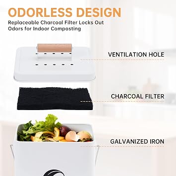 Kitchen Compost Bin, 1.7 Gallon Countertop Compost Bin with Lid and Charcoal Filter, Kitchen Composter for Food Waste, Rust Proof Indoor Bucket, White
