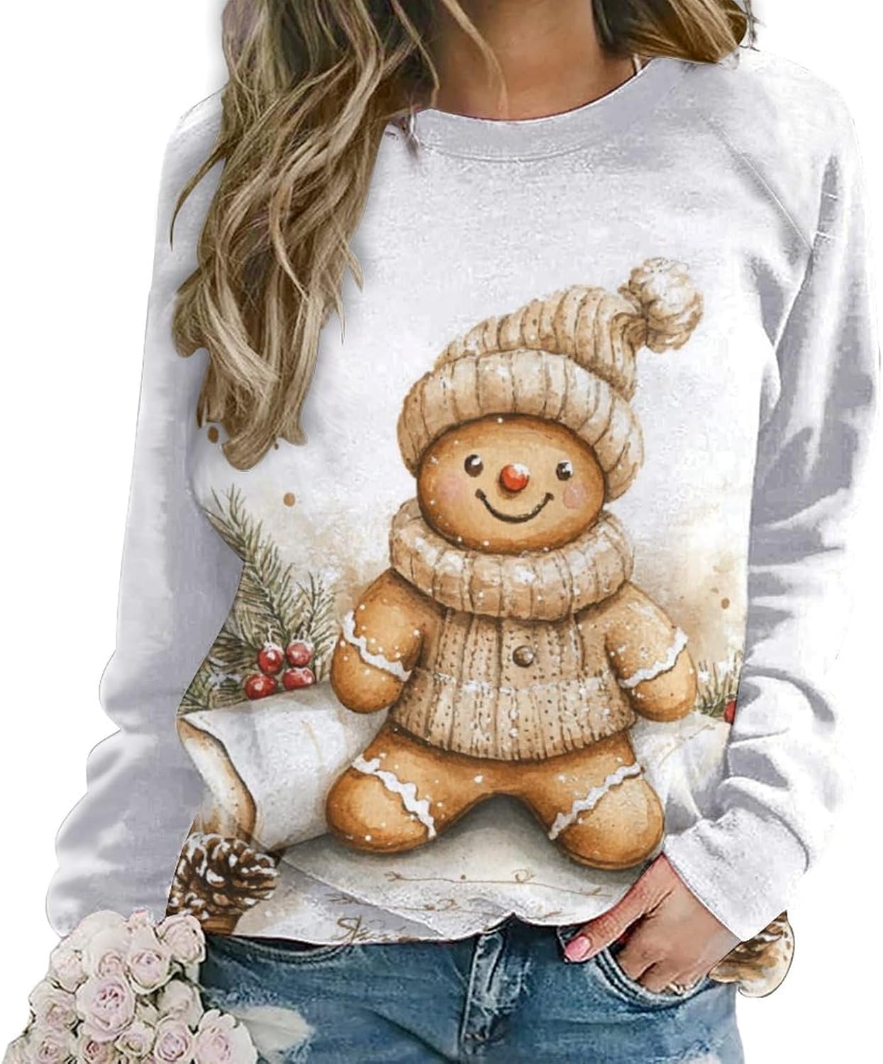 Gingerbread Sweatshirt Women Pullover Crewneck Oversized Cute Graphic 2024 Winter F...