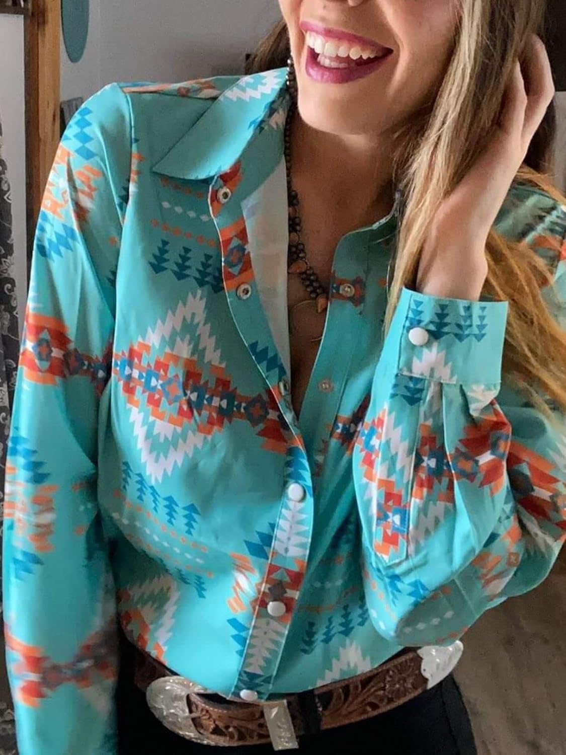 Womens Aztec Pearl Snap Shirts Rodeo Western Show Tops Lapel Button Up Blouse Long Sleeve Cowgirl Tunic - Image 3