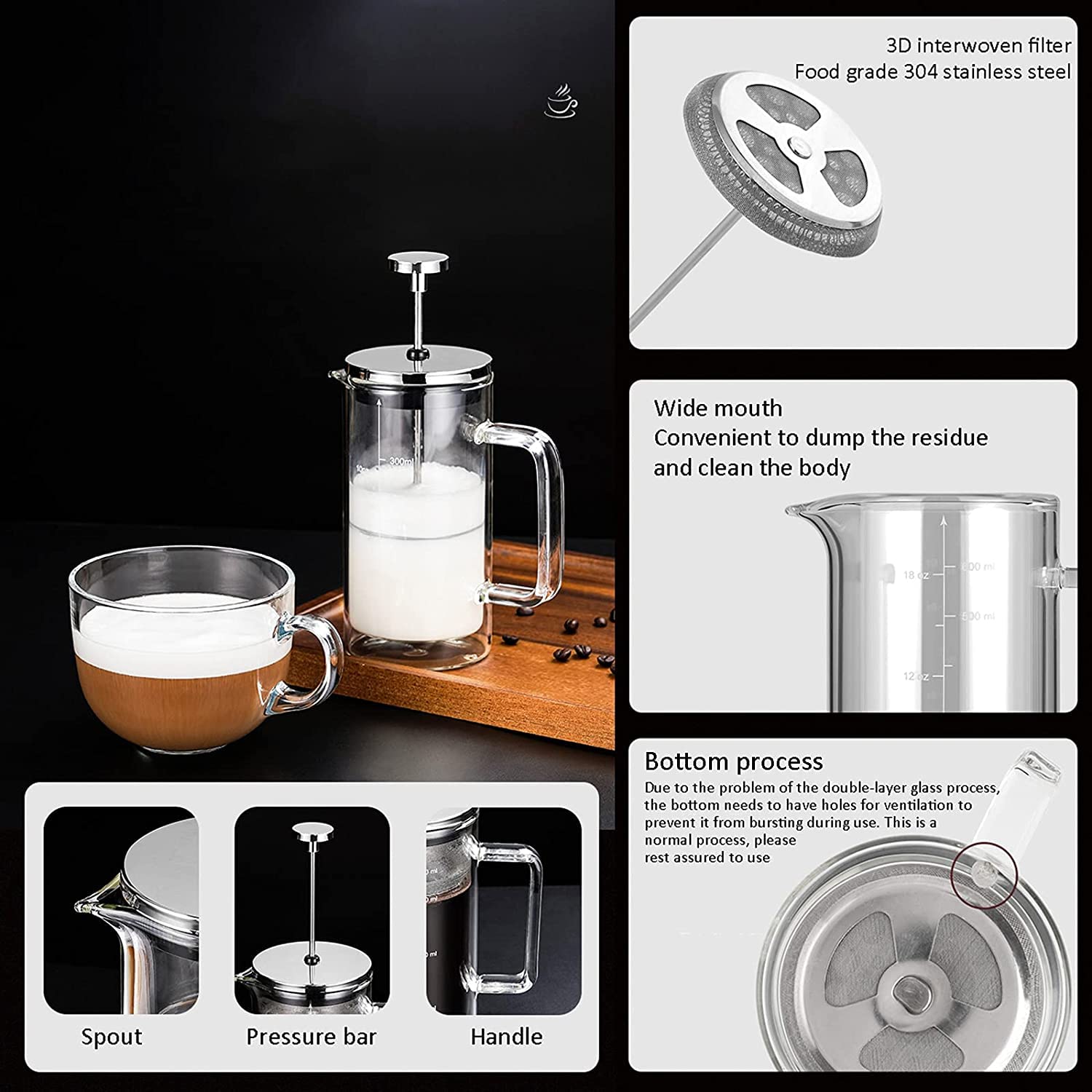 Genérico Cafetera De émbolo, De Filtración De Tres, Jarra De Vidrio para Café Frío, 600 Ml, Portátil Y Resistente Al Calor (600ml)