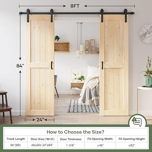 Miniatura 7 de Losa de puerta corredera de madera de granero de 48 x 84 pulgadas (puerta doble de 24 x 84 pulgadas) con kit de herramientas de 8 pies, requiere un