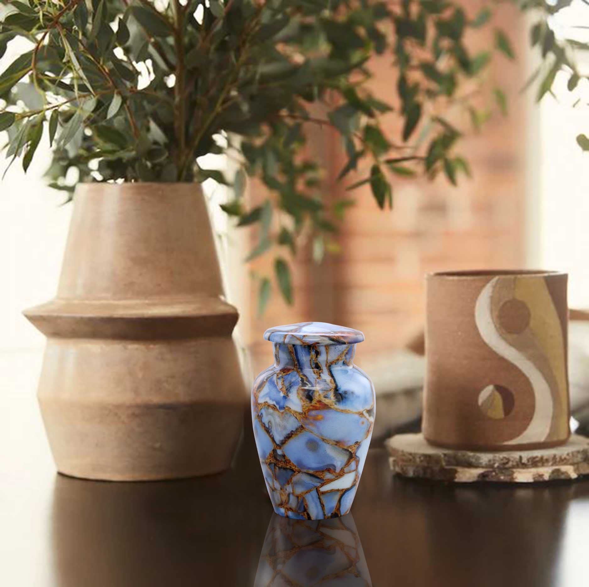 Andenkenurne | Marmor-Finish Andenken Urne für Asche | Metall-Teilurne für Mensch oder Haustiere Asche | Mini-Gedenkurne mit Samtbeutel (Luxury Blue)