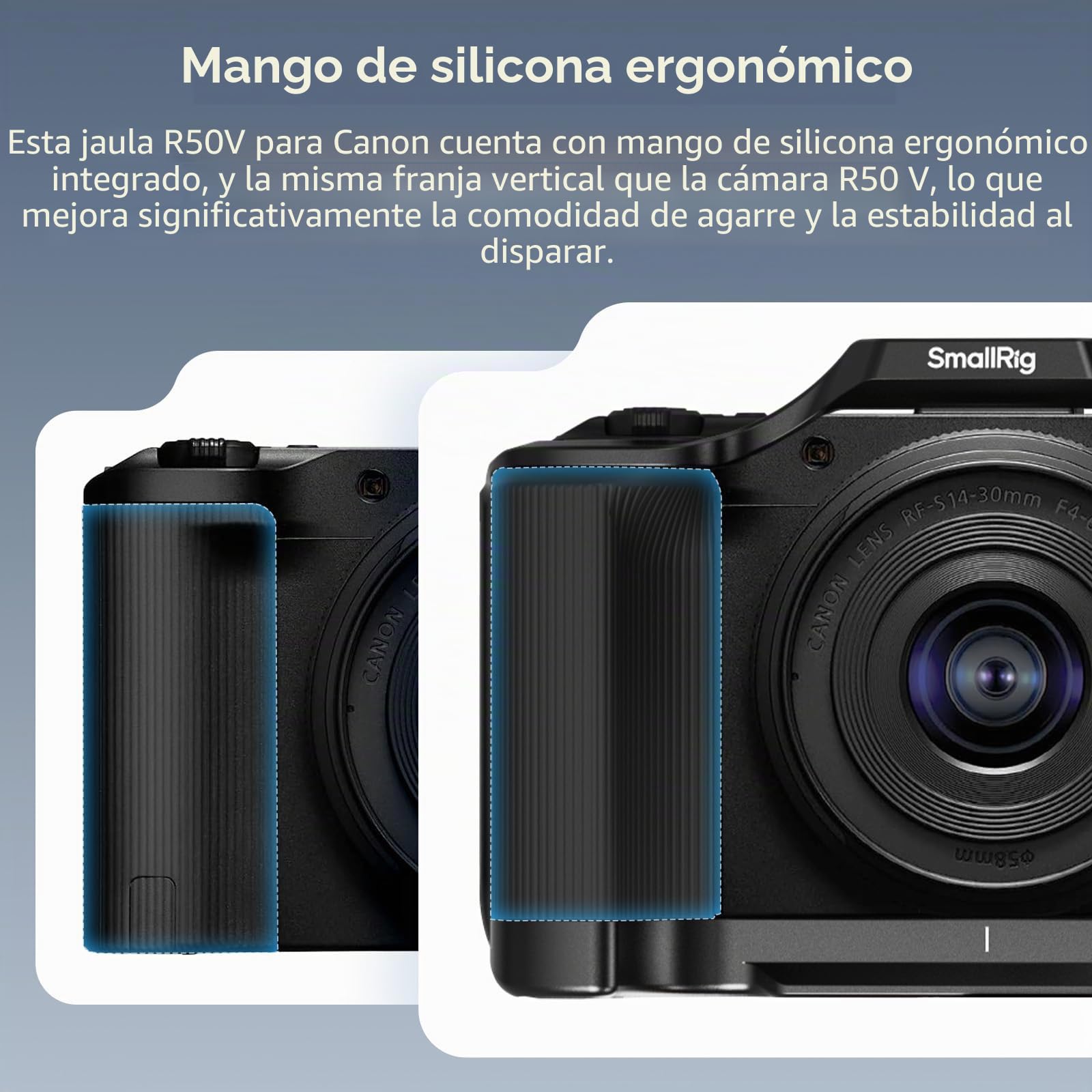 SmallRig R50 V - Jaula para Canon R50V, agarre ergonómico de silicona, placa QR para Arca, orificio roscado 1/4"-20, orificios 3/8"-16 para ARRI, Cold Shoe, QD
