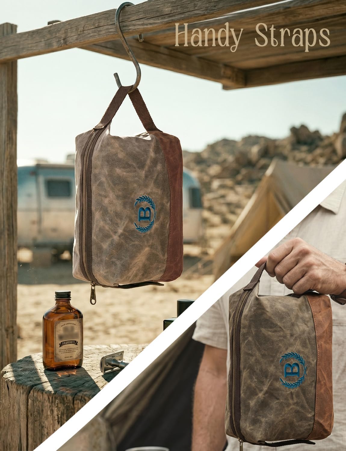 Personalized Toiletry Bag Fathers Day Birthday Gifts for Men, Large Waxed Canvas Travel Dopp Kit Monogrammed Initial Embroidery, Waterproof Shaving Case for Gym Camping Hiking Weekend Trip Letter B