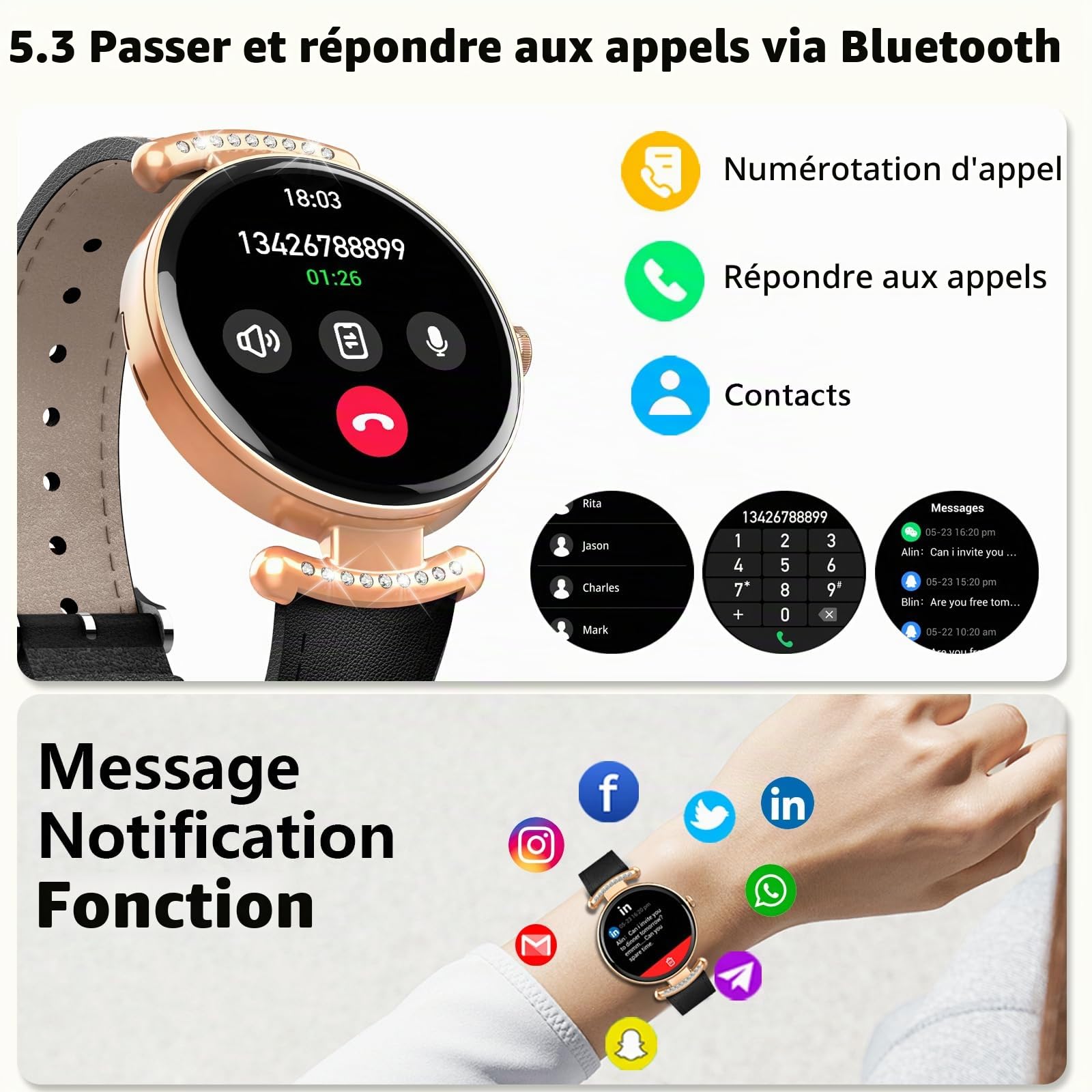 Jugeman Montre Connectée Femme avec Appel Bluetooth, 1.2" Smartwatch, Noir | Fréquence Cardiaque/SpO2/Sommeil Montre, 100+Mode Sportifs Montre, IP68 étanche Fitness Podomètre Compatible pour Android iOS