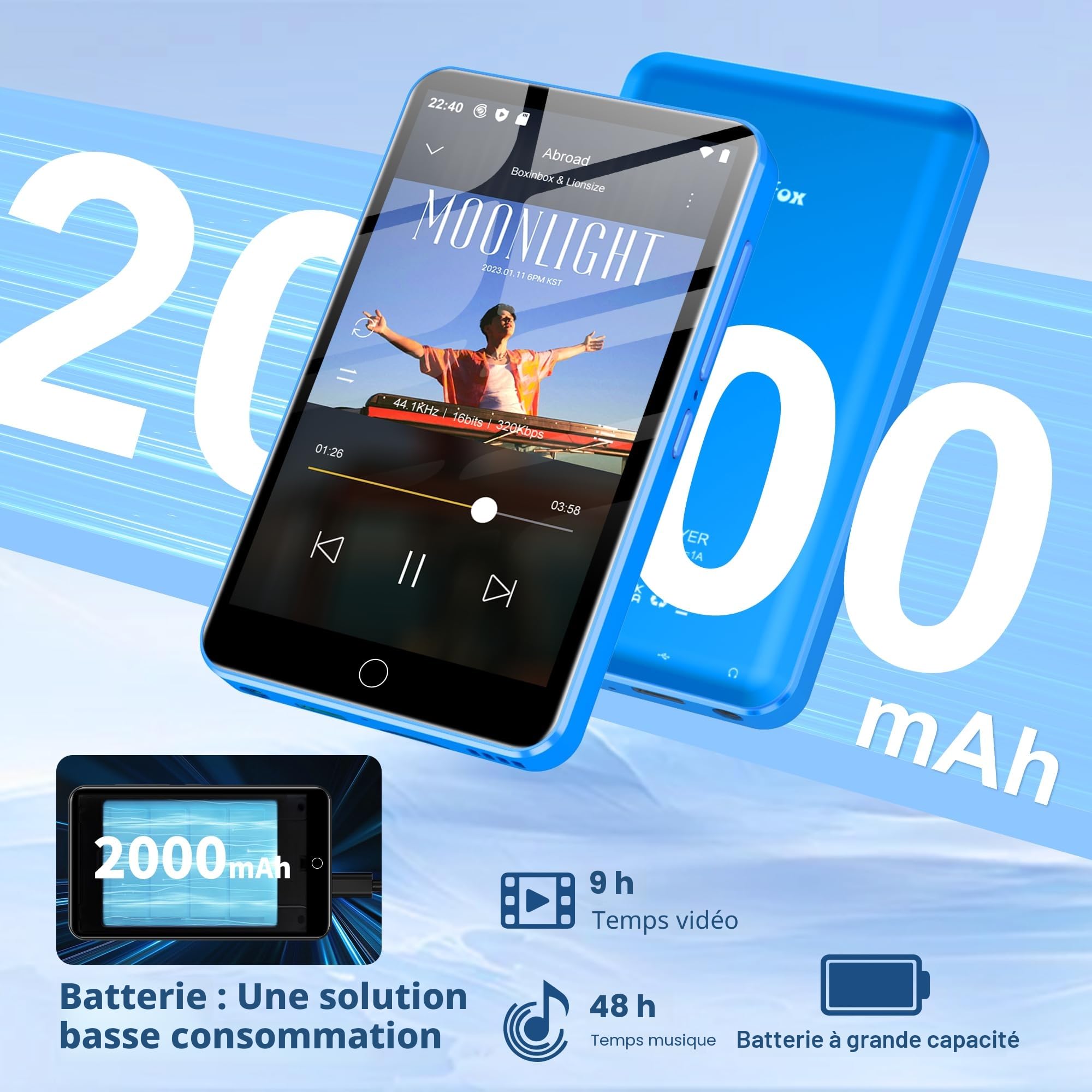 Lecteur MP3 Diofox 80 Go avec Bluetooth et Wi-FI, Lecteur MP3 Android Spotify, Amazon Music, Audible, Lecteur MP4 à écran Tactile 4 Pouces, Musique en Streaming, Play Store, Radio FM, Deezer - Bleu