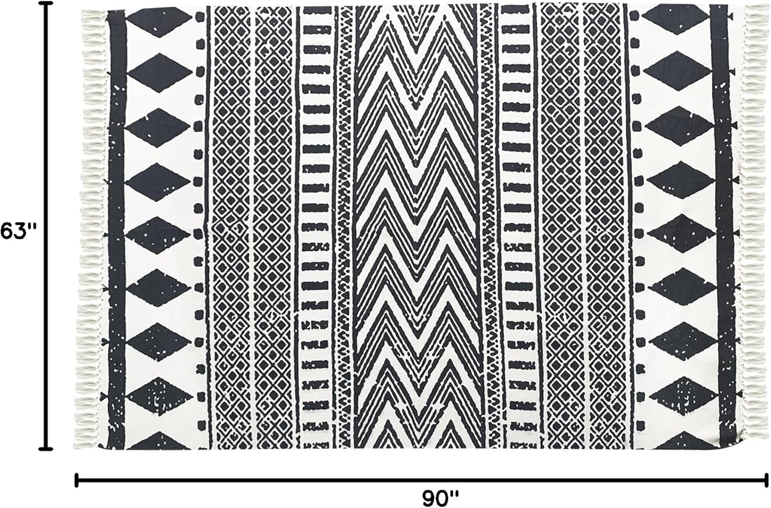 USTIDE Grand tapis bohème en coton tissé à la main avec pompons - Motif géométrique tribal - Pour salon, chambre à coucher, buanderie, cour - Noir et crème - 160 x 230 cm