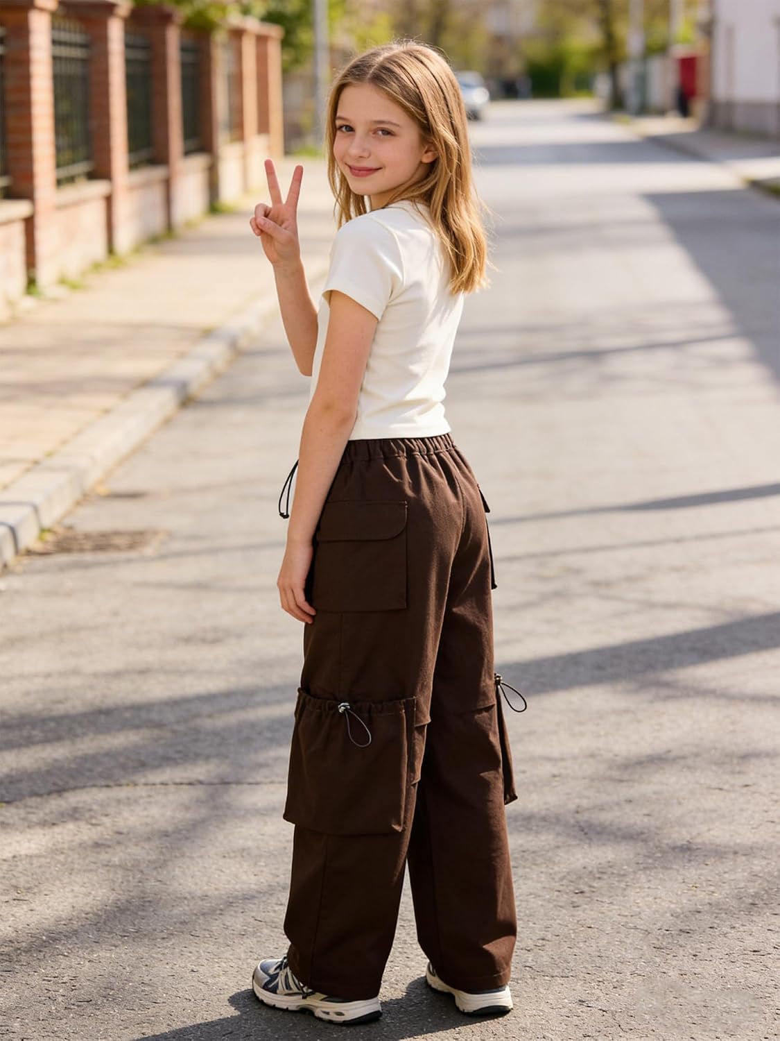 SANGTREE Girls' Cargo Pants Multi-Pocket Vintage Streetwear Hip Hop Trousers,6-14 Years