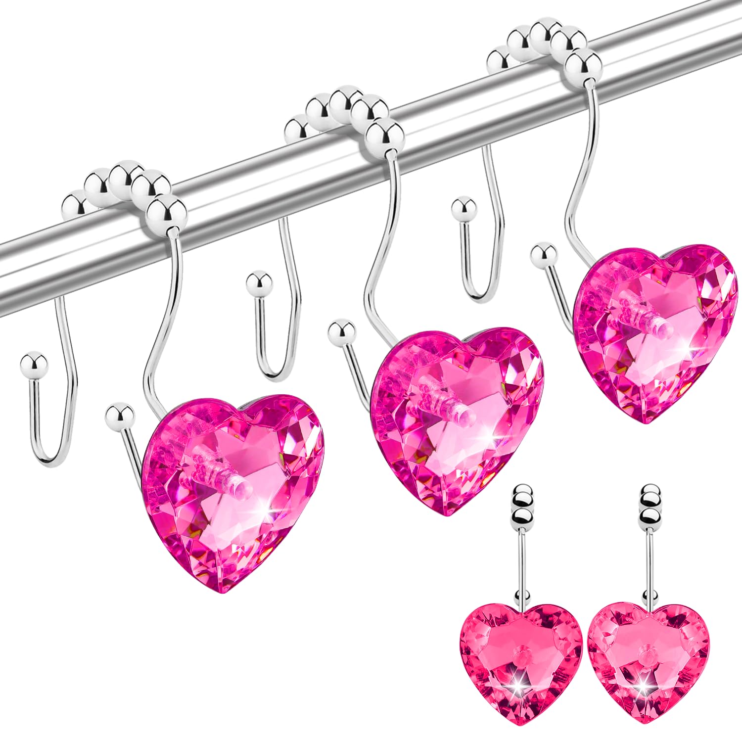 Yapicoco Shower Curtain Hooks Rings for Bathroom, 12PCS Heart Stainless Steel Rust Resistant Decorative Rhinestones Shower Curtain Rings Hangers for Shower Curtains (Double Hook Hot Pink) â image 1