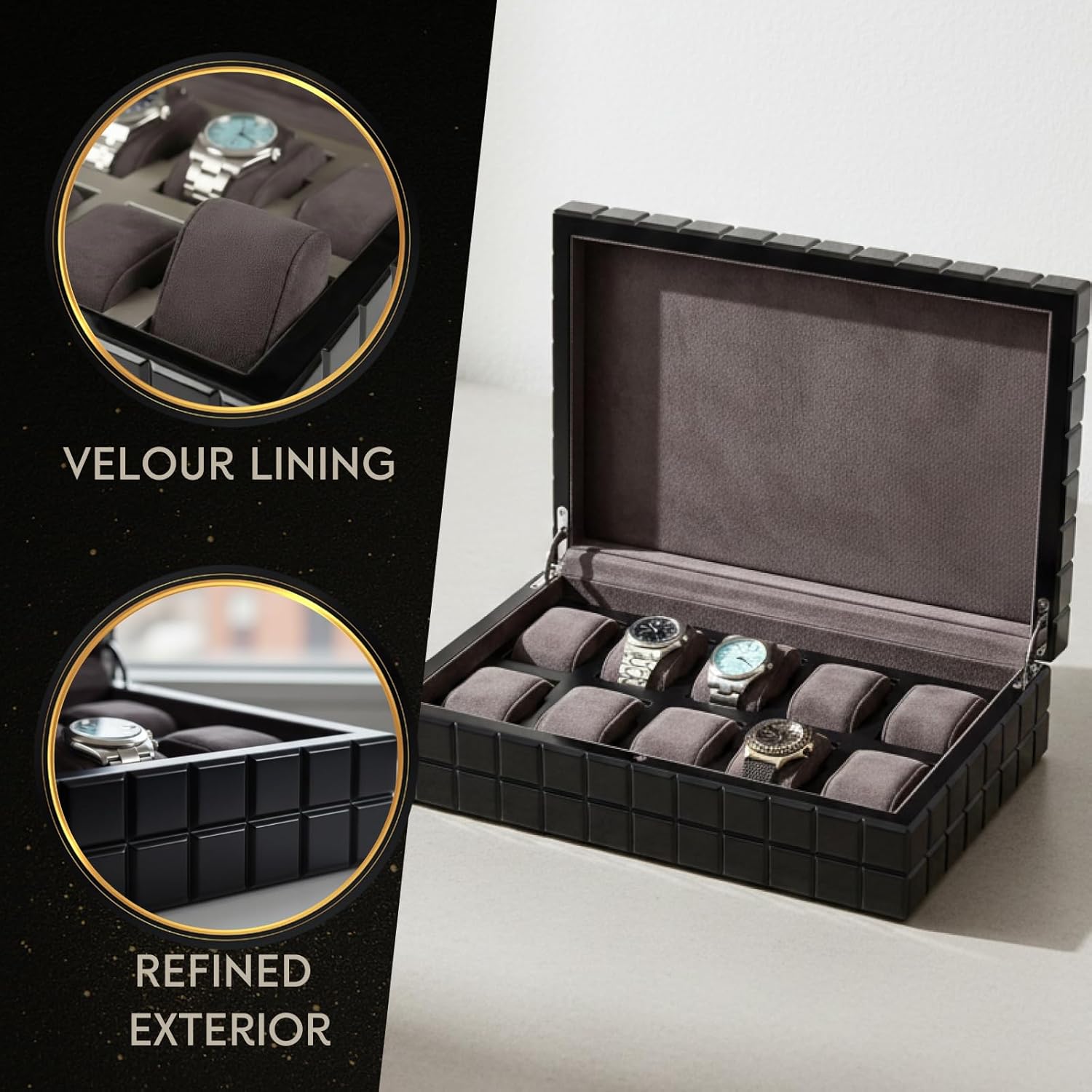 Bey-Berk Bogota Cube Design 10-Slot Watch Case (Black), Luxury Watch Case with Soft Lined Compartments, 14.75" x 3.75" x 9.75"