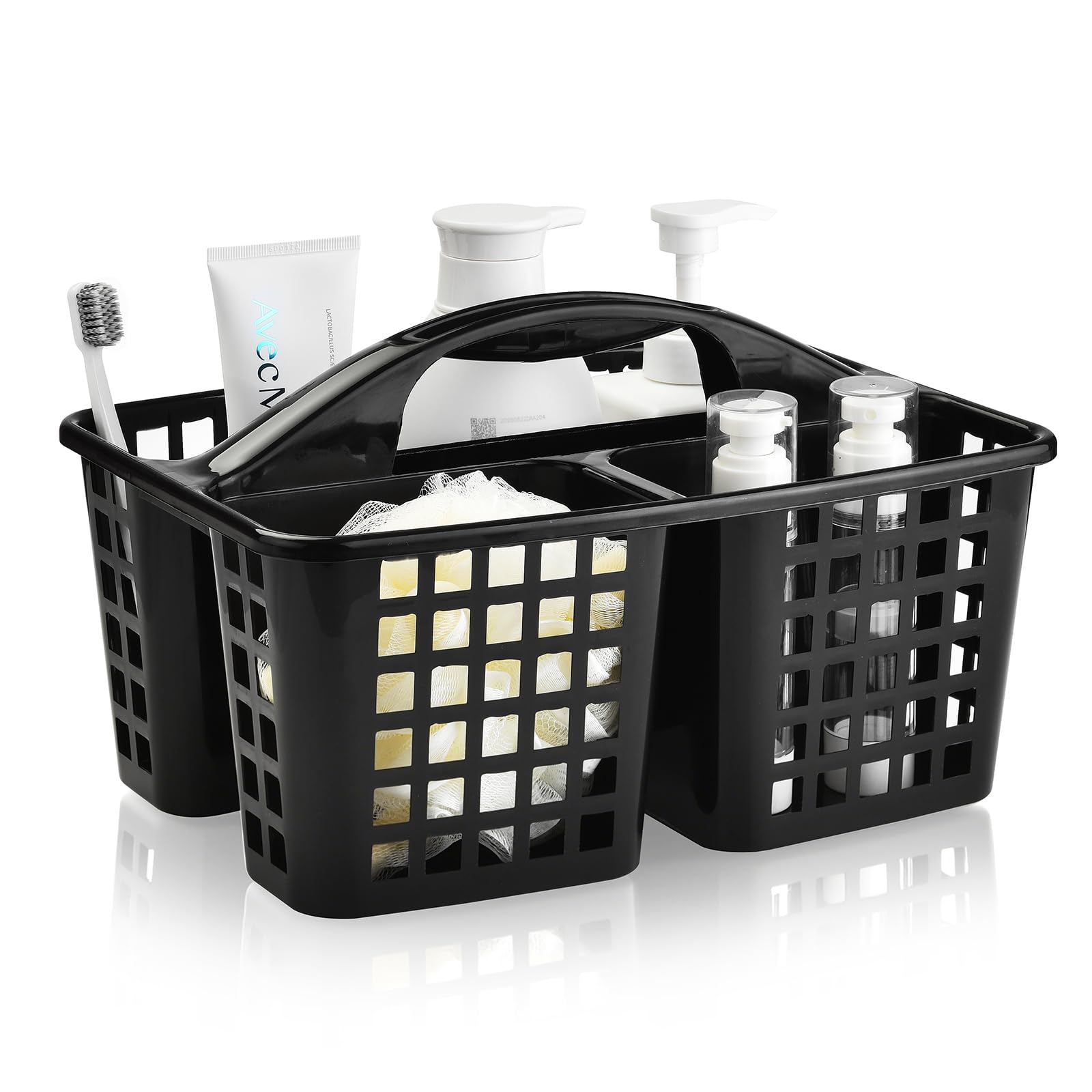 Haundry Plastic Shower Caddy Basket with 3 Compartments Portable Divided Cleaning Supply Storage Organizer with Handle Black