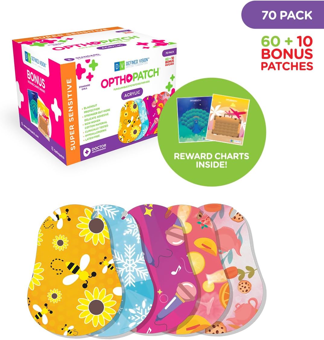 Opthopatch Kids Eye Patches with Extra Hypoallergenic Acrylic Adhesive, 70 Breathable Patches for Amblyopia & Lazy Eye, Chic Girl-Friendly Designs, 2 Rewards Chart Included by Defined Vision