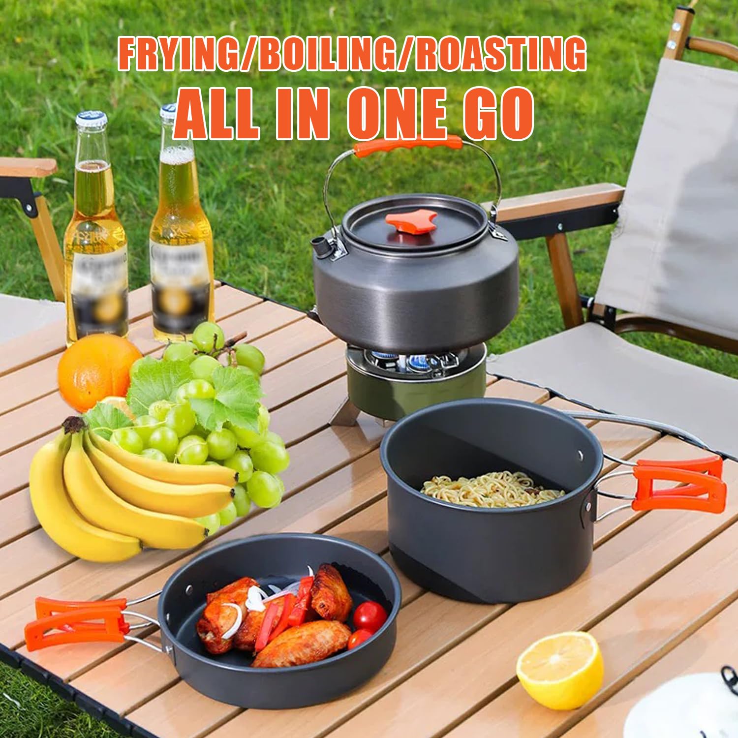 10 PCS Campeggio Pentole Utensili Set, Stoviglie da Campeggio con Pentola Padella Tazza Posate Pieghevoli e Sacchetti per Outdoor Utensili da Cucina da Campeggio